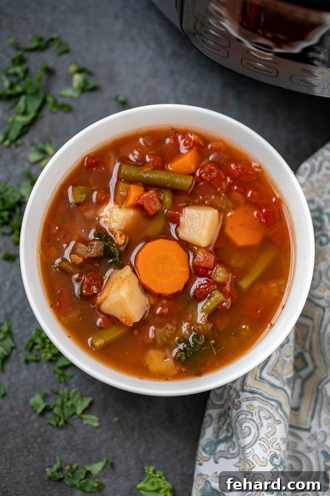 A white bowl filled with Instant Pot Vegetable Soup, with a blurred Instant Pot in the background. The soup is garnished with fresh herbs.