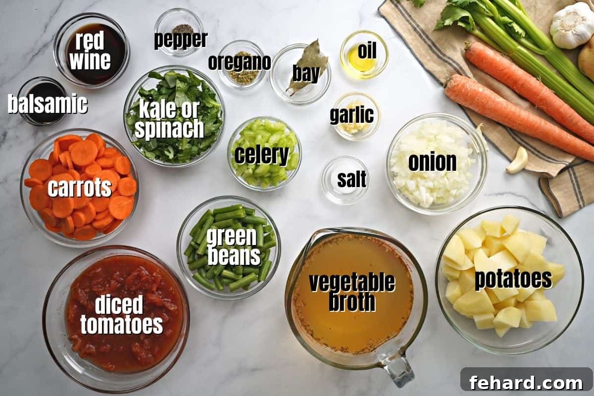 Various fresh ingredients for vegetable soup, including onions, celery, carrots, potatoes, garlic, and canned tomatoes, neatly arranged on a kitchen counter, each labeled.