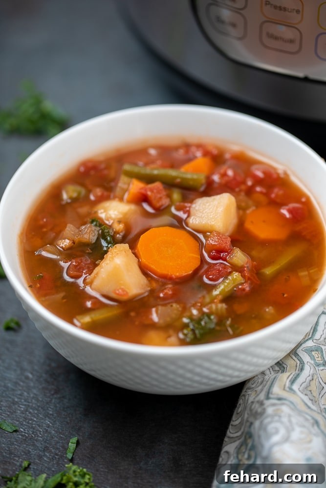 A beautifully presented bowl of Instant Pot Vegetable Soup, next to the Instant Pot itself, invitingly warm and comforting.