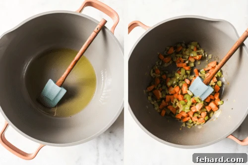 Left: olive oil in a pot. Right: mirepoix cooking in the pot.