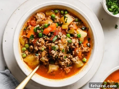 Ground Turkey Soup in a white bowl
