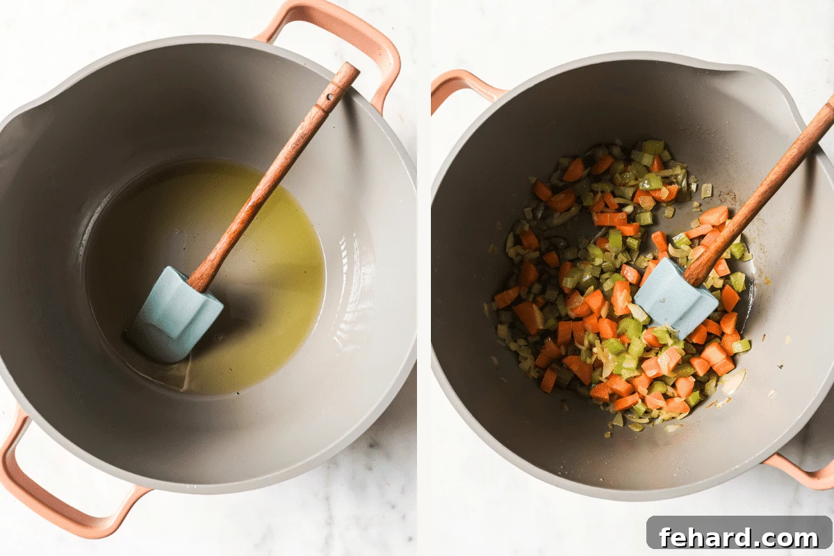 Left image shows olive oil glistening in a hot pot. Right image shows a medley of diced onions, carrots, and celery gently cooking in the pot.