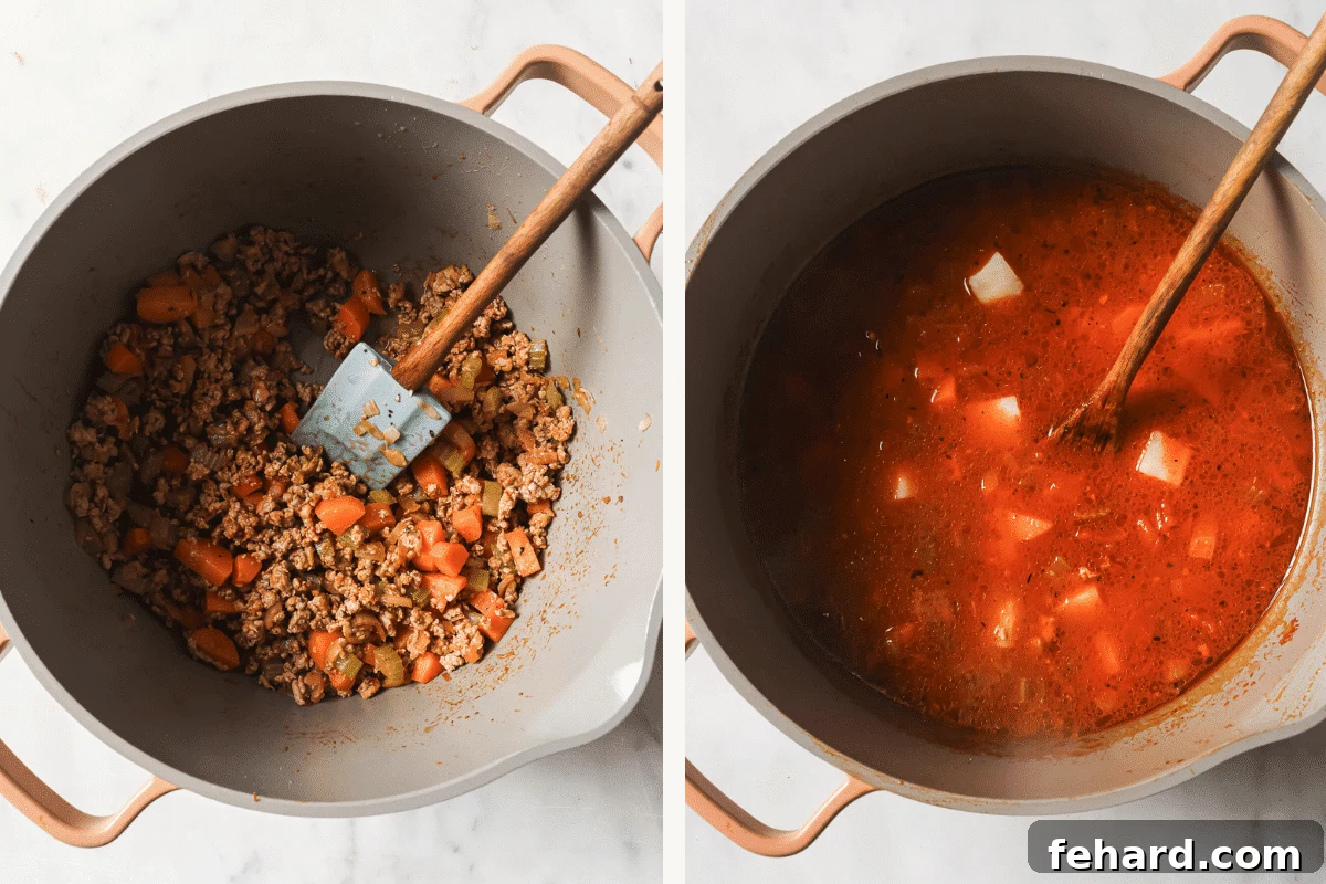 Left image shows ground turkey being added to the sautéed mirepoix. Right image displays chicken broth, crushed tomatoes, and potatoes added to the pot, ready to simmer.
