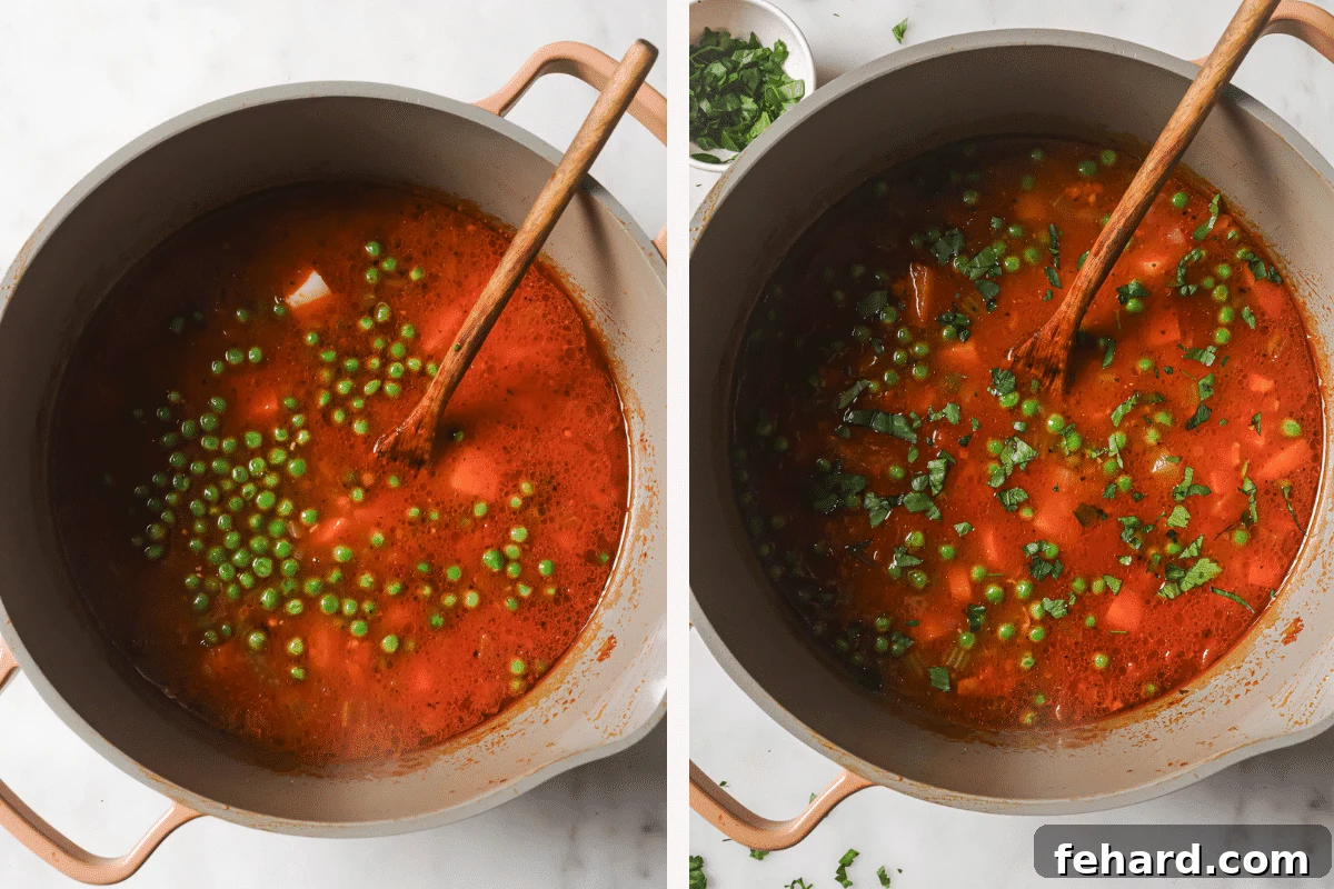 Left image shows vibrant frozen peas being stirred into the hot ground turkey soup. Right image depicts fresh parsley sprinkled generously over the finished soup in a bowl, ready for serving.