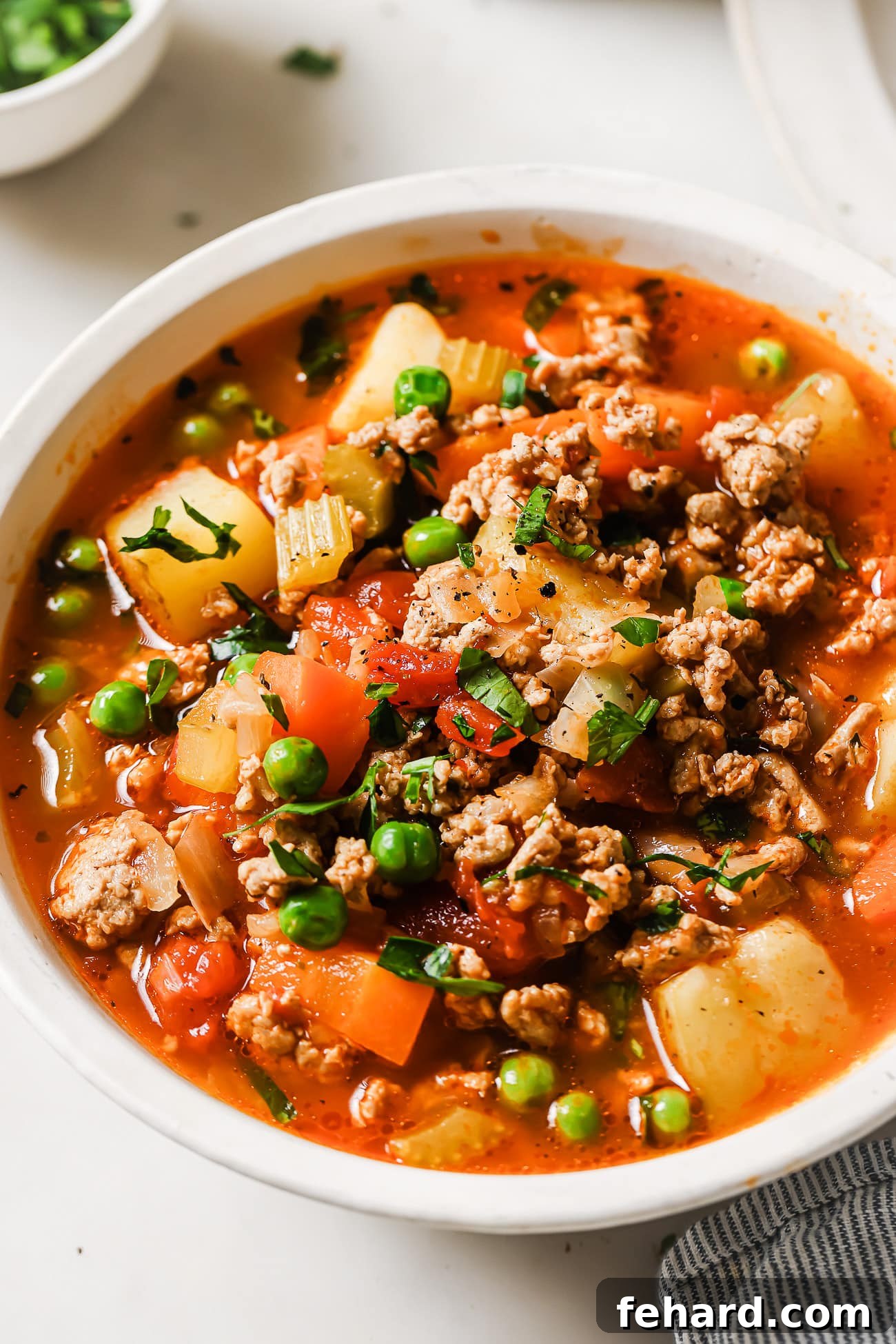 A beautifully presented bowl of homemade ground turkey soup, highlighting its rich texture and colorful vegetables.