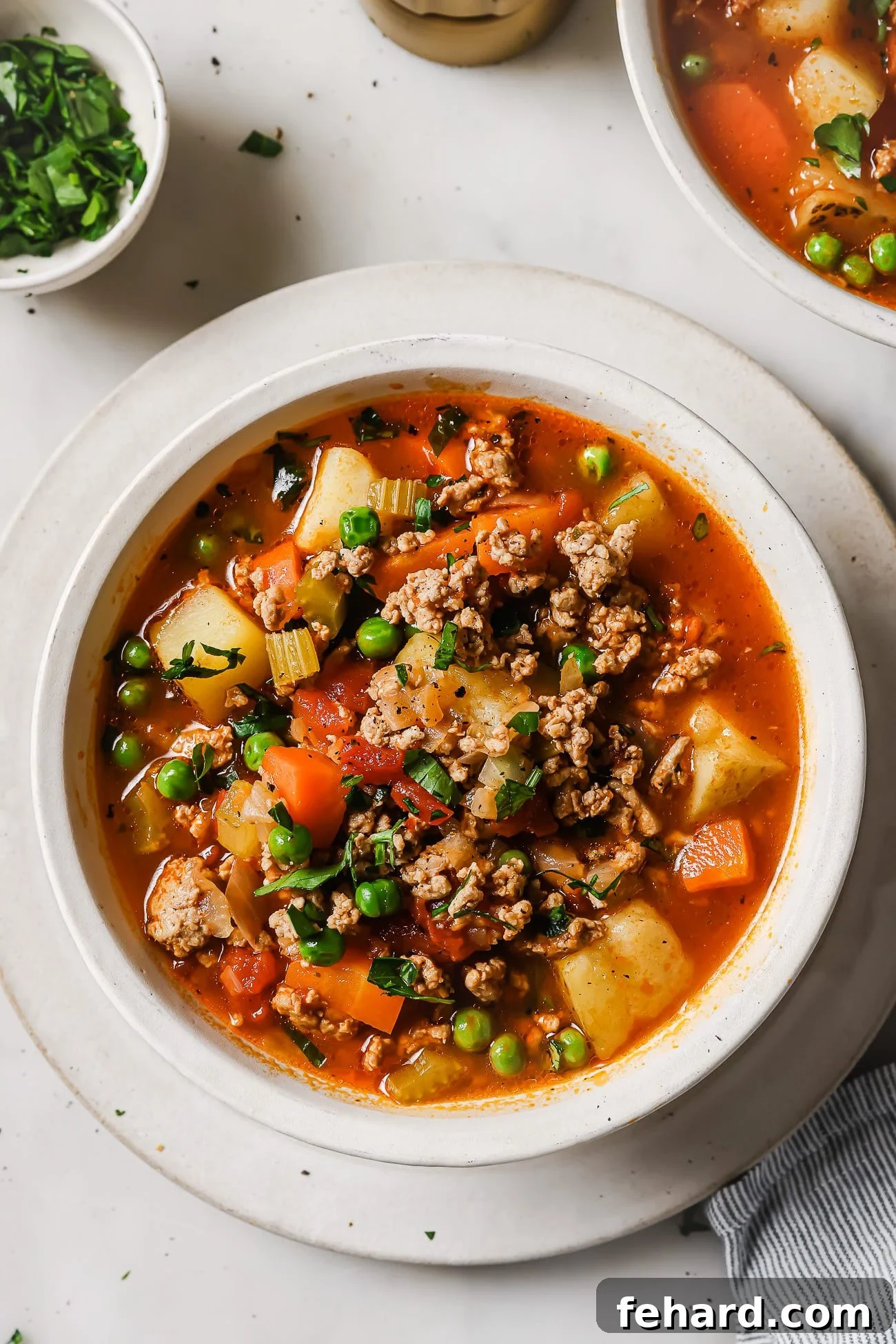 Another enticing view of the ground turkey soup in a white bowl, emphasizing its fresh ingredients and inviting texture.