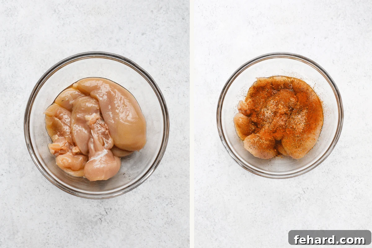 Left: bowl with chicken and olive oil. Right: seasonings added to chicken, ready to mix.