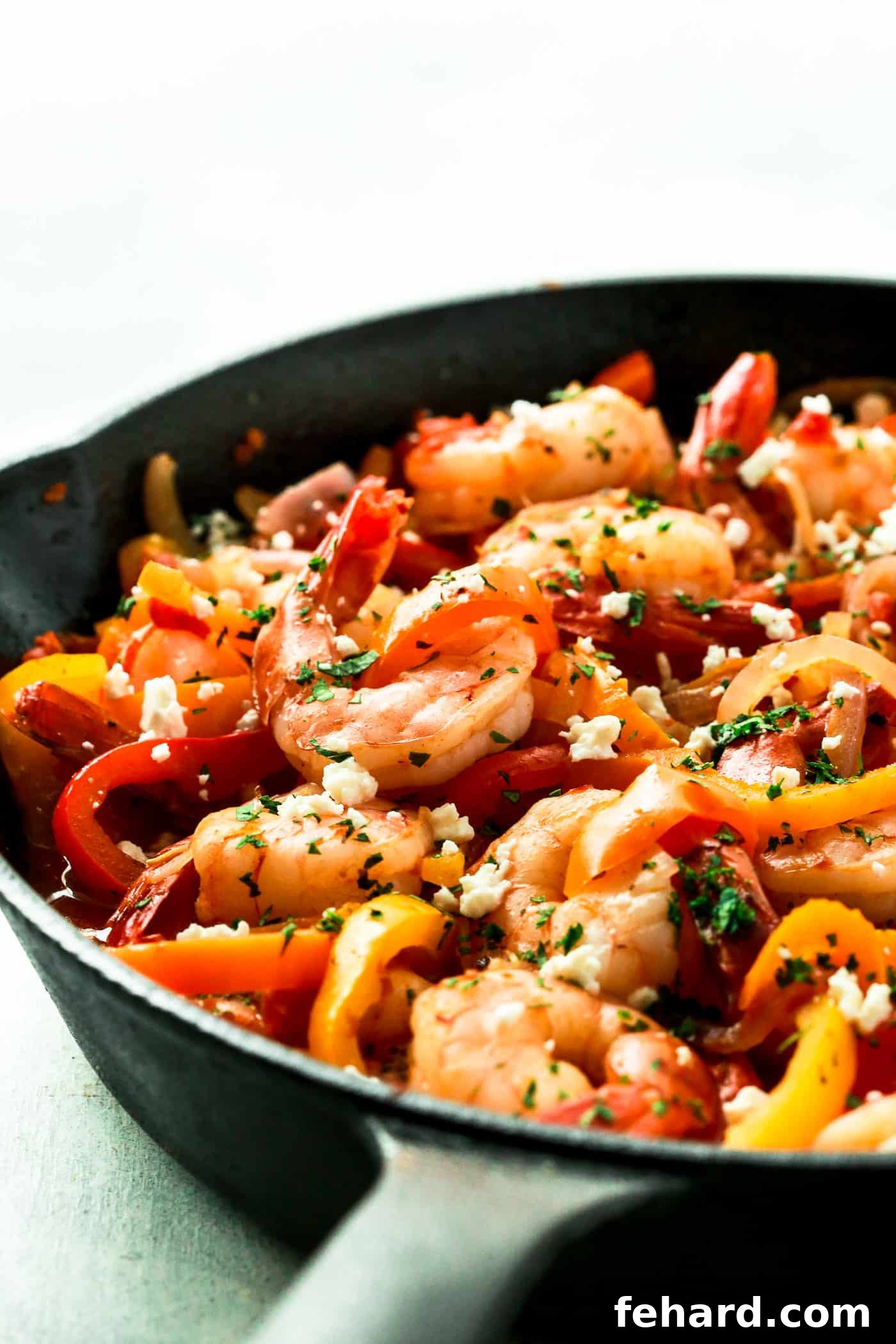 Shrimp, Bell Pepper and Onions Skillet – a colorful and quick one-pan meal.