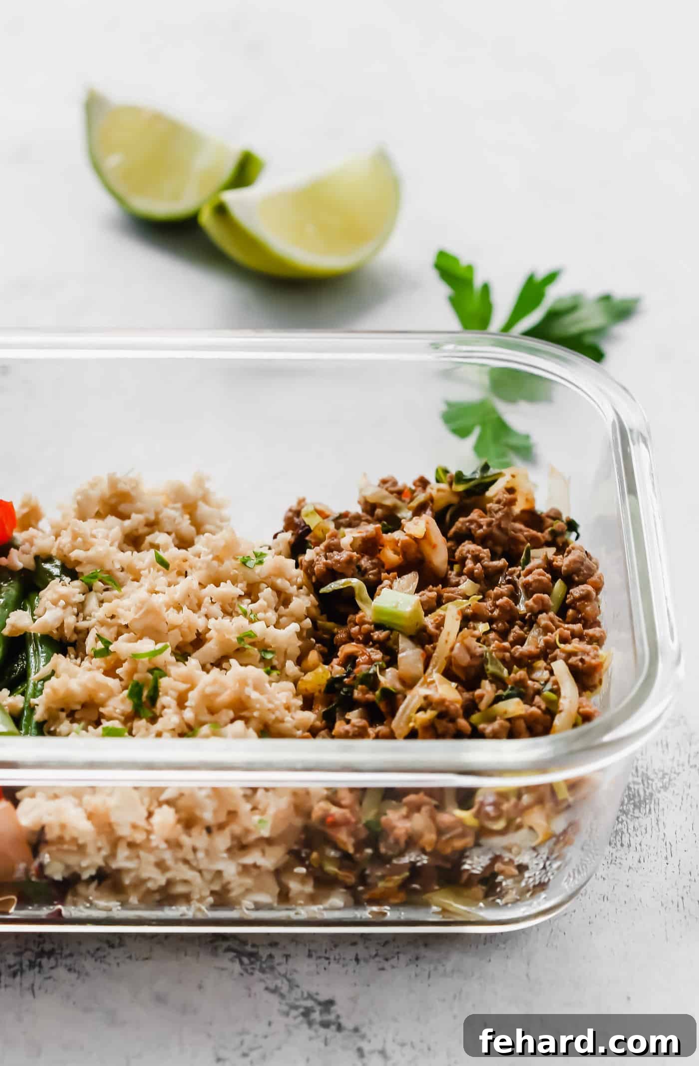 Ground turkey meal prep bowl close up.