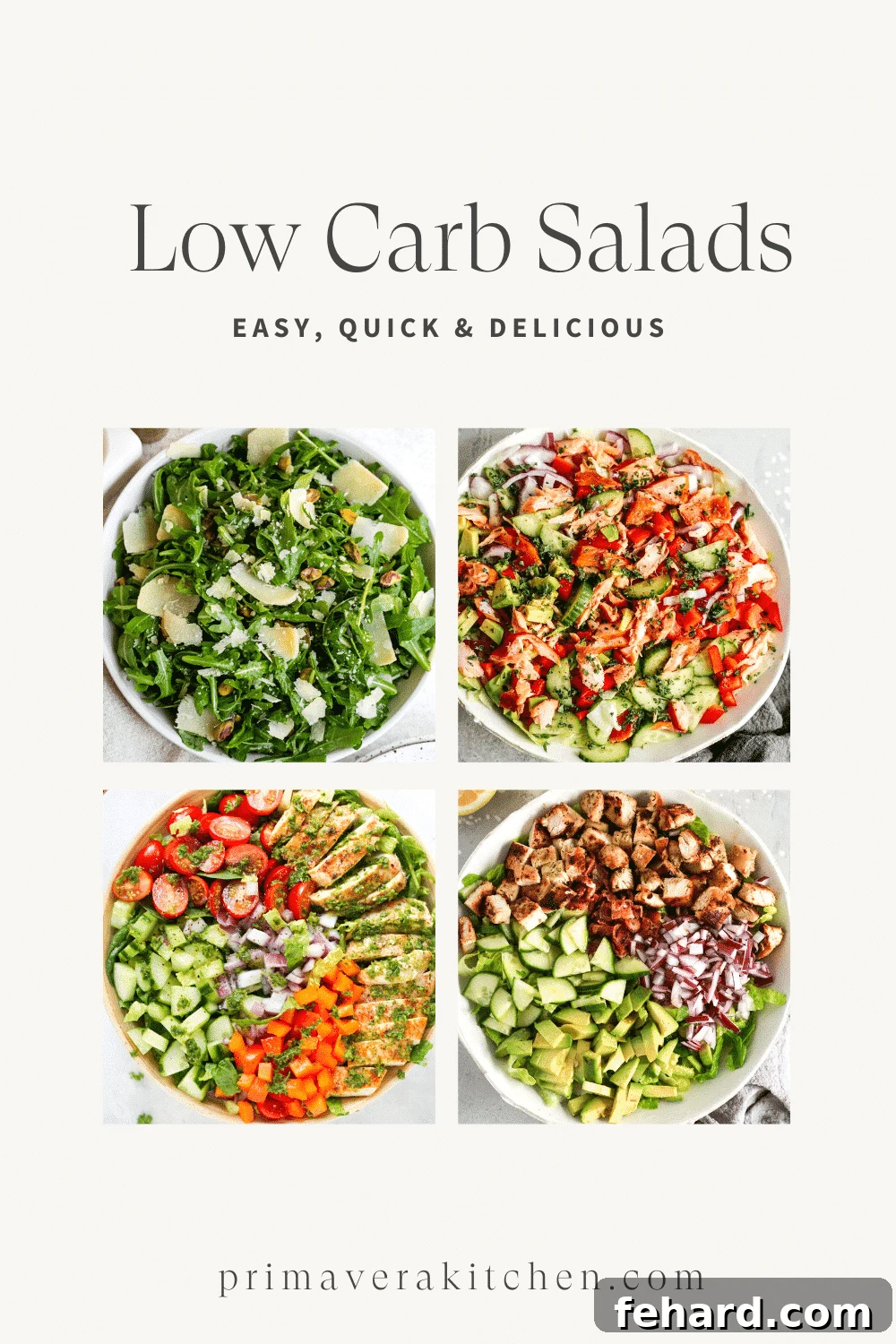 A vibrant collage featuring various low-carb salads, showcasing healthy and delicious options for lunch.