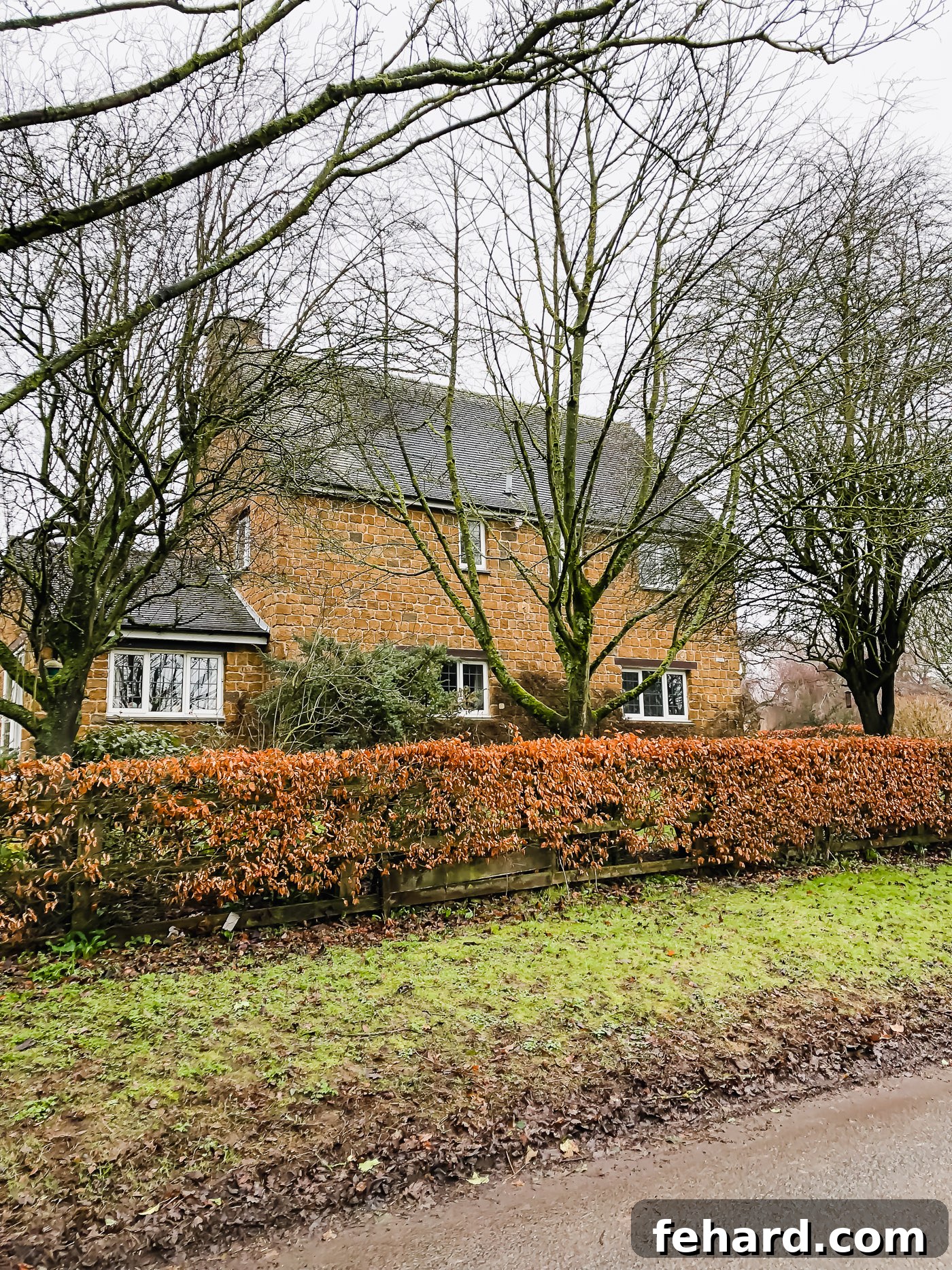 A charming view of a traditional English cottage, surrounded by lush greenery