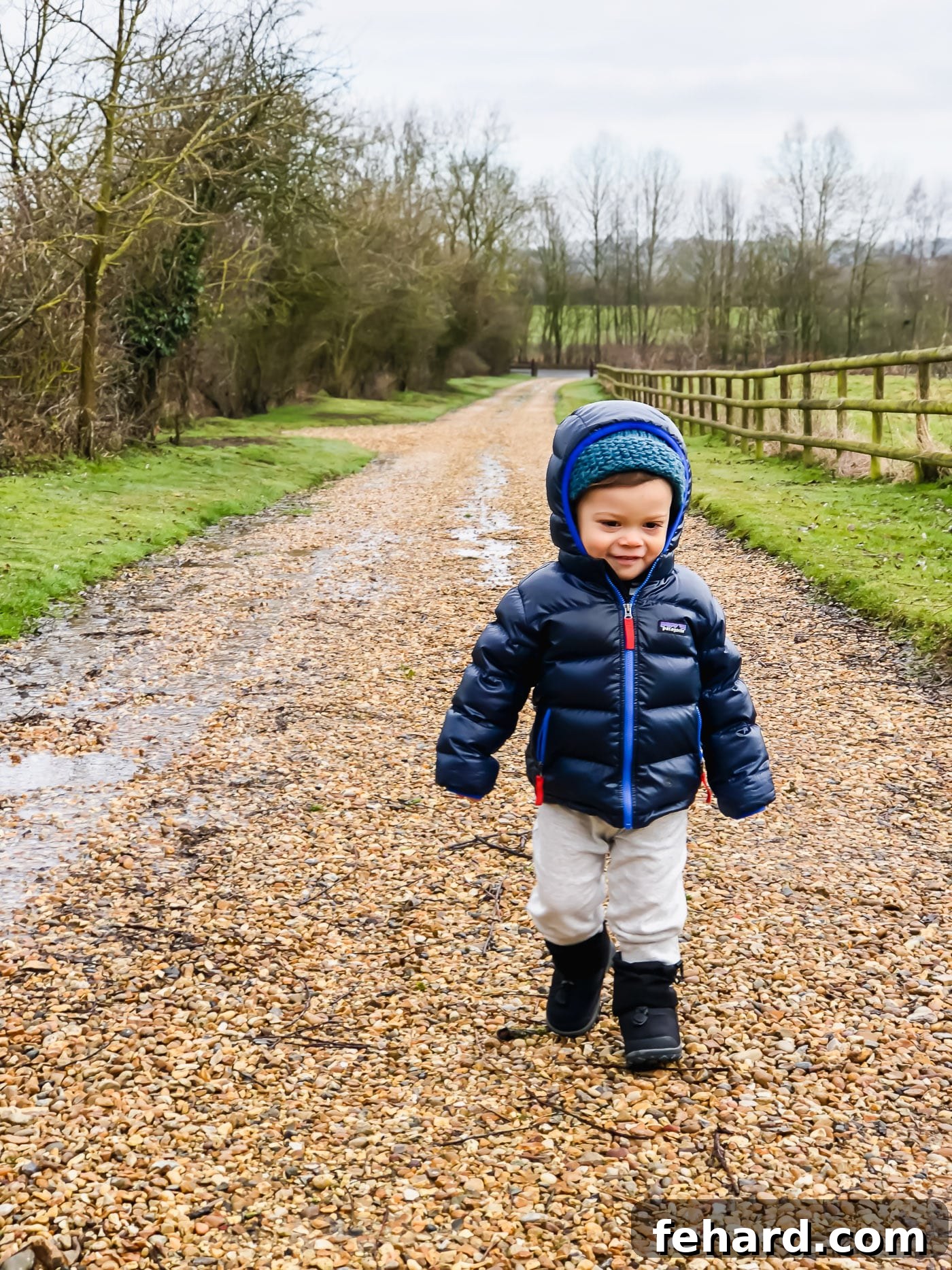 A young boy walking through a peaceful farm landscape, enjoying the open countryside