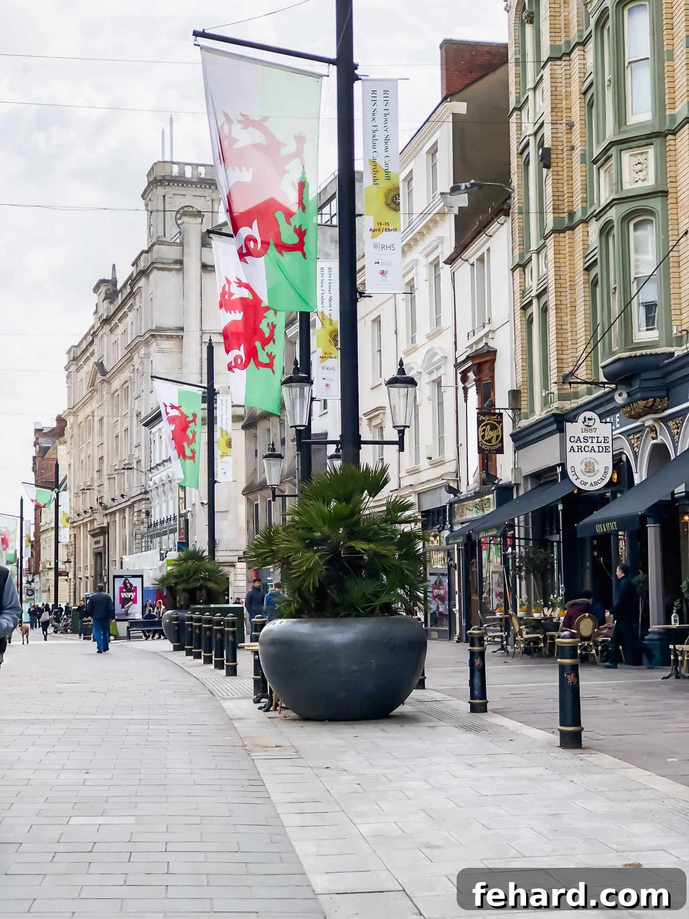 A charming view of a street in Cardiff, lined with historic buildings and vibrant activity