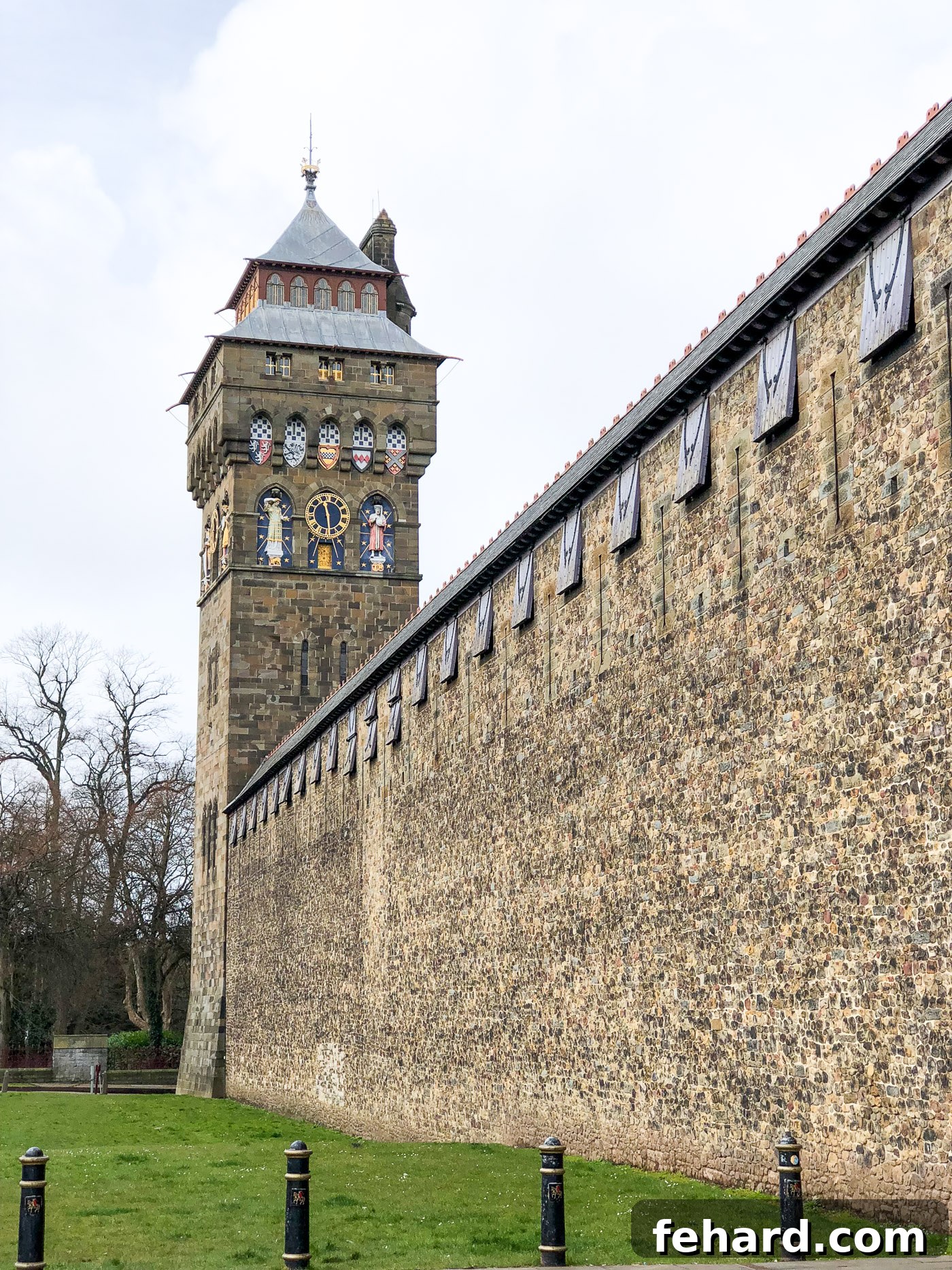 An exterior view of Cardiff Castle, highlighting its formidable stone walls