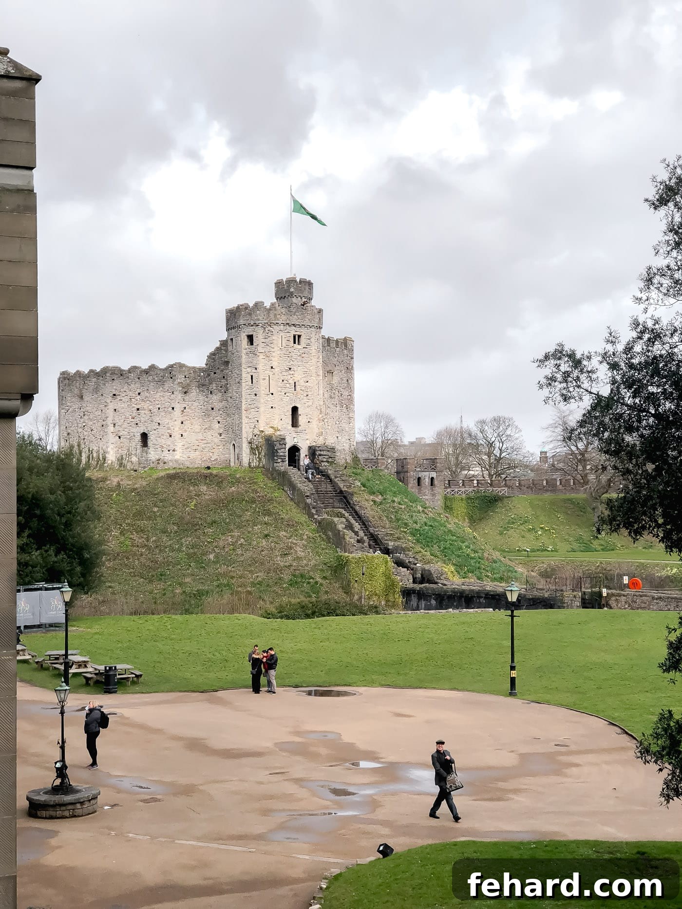Another perspective of Cardiff Castle's impressive facade and grounds