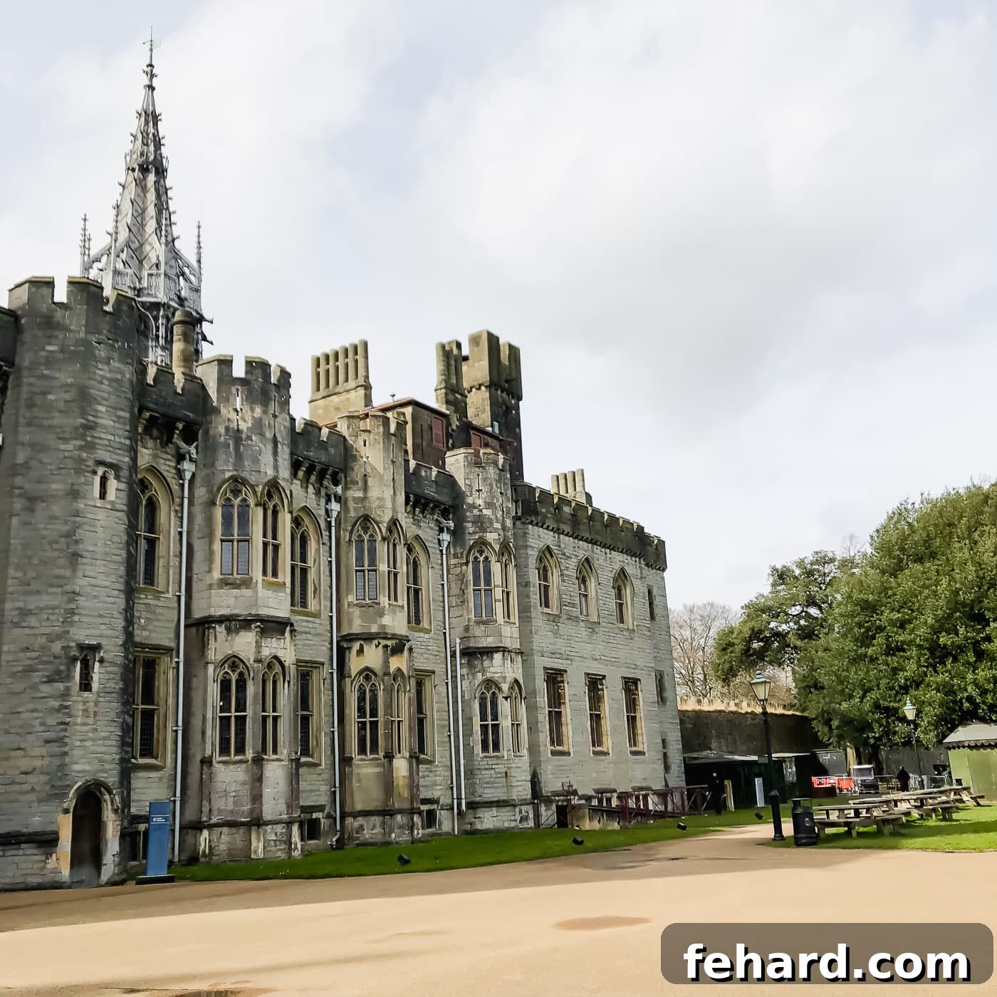 A view of Cardiff Castle's unique architecture, including its blend of styles