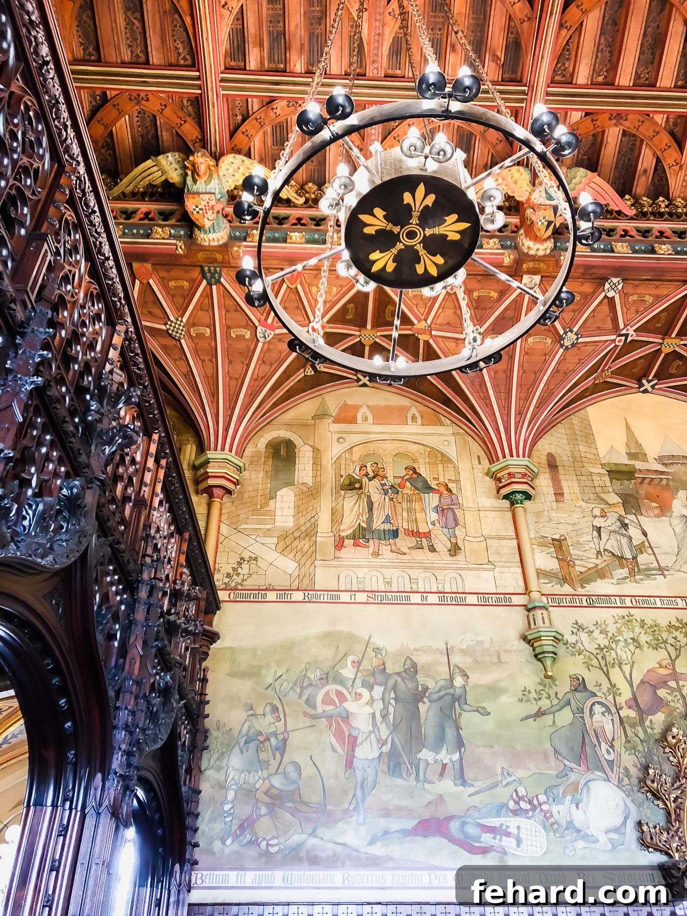 View of historical paintings and decor on the walls inside Cardiff Castle