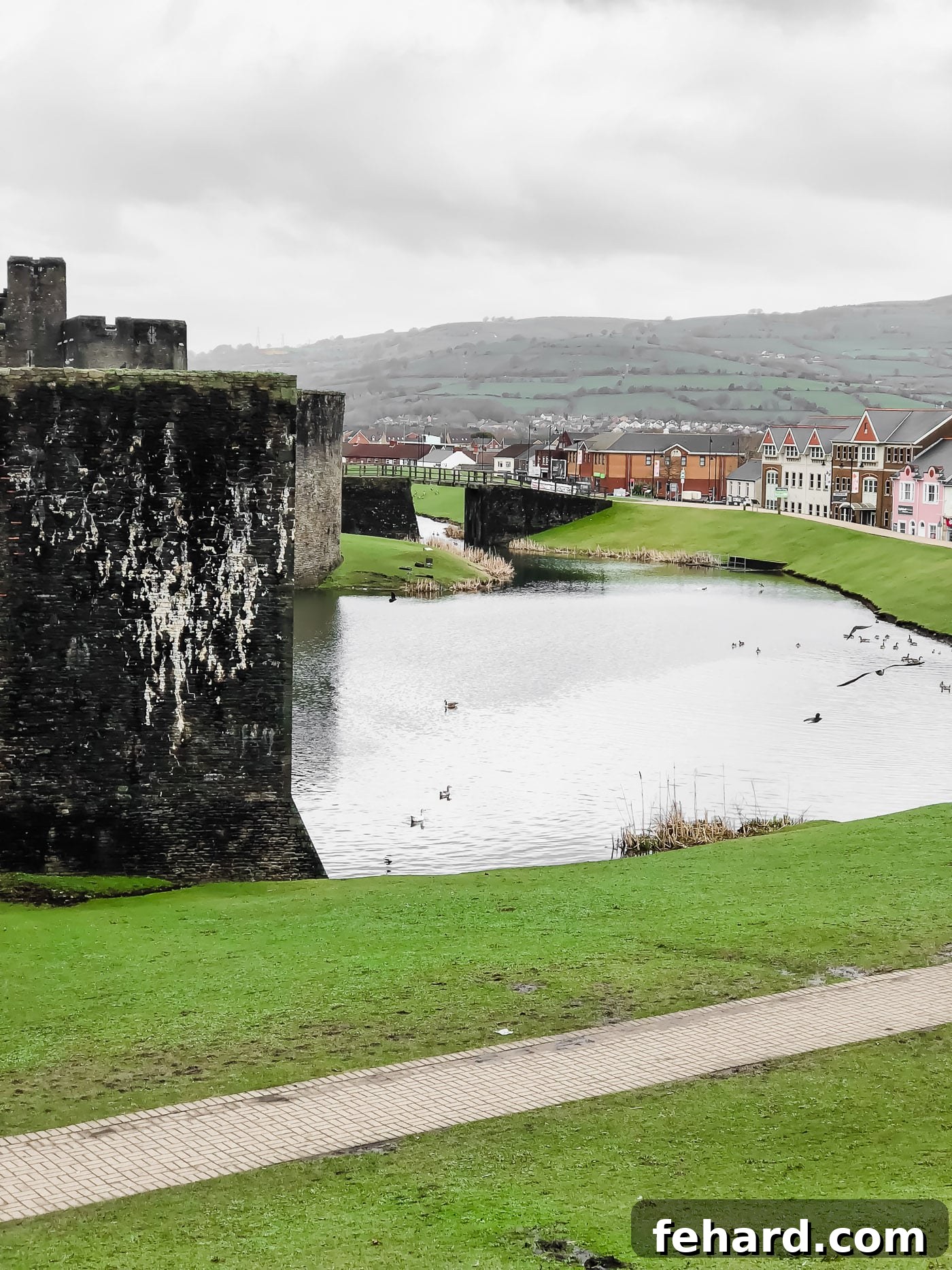 Another majestic exterior view of Caerphilly Castle, showcasing its scale