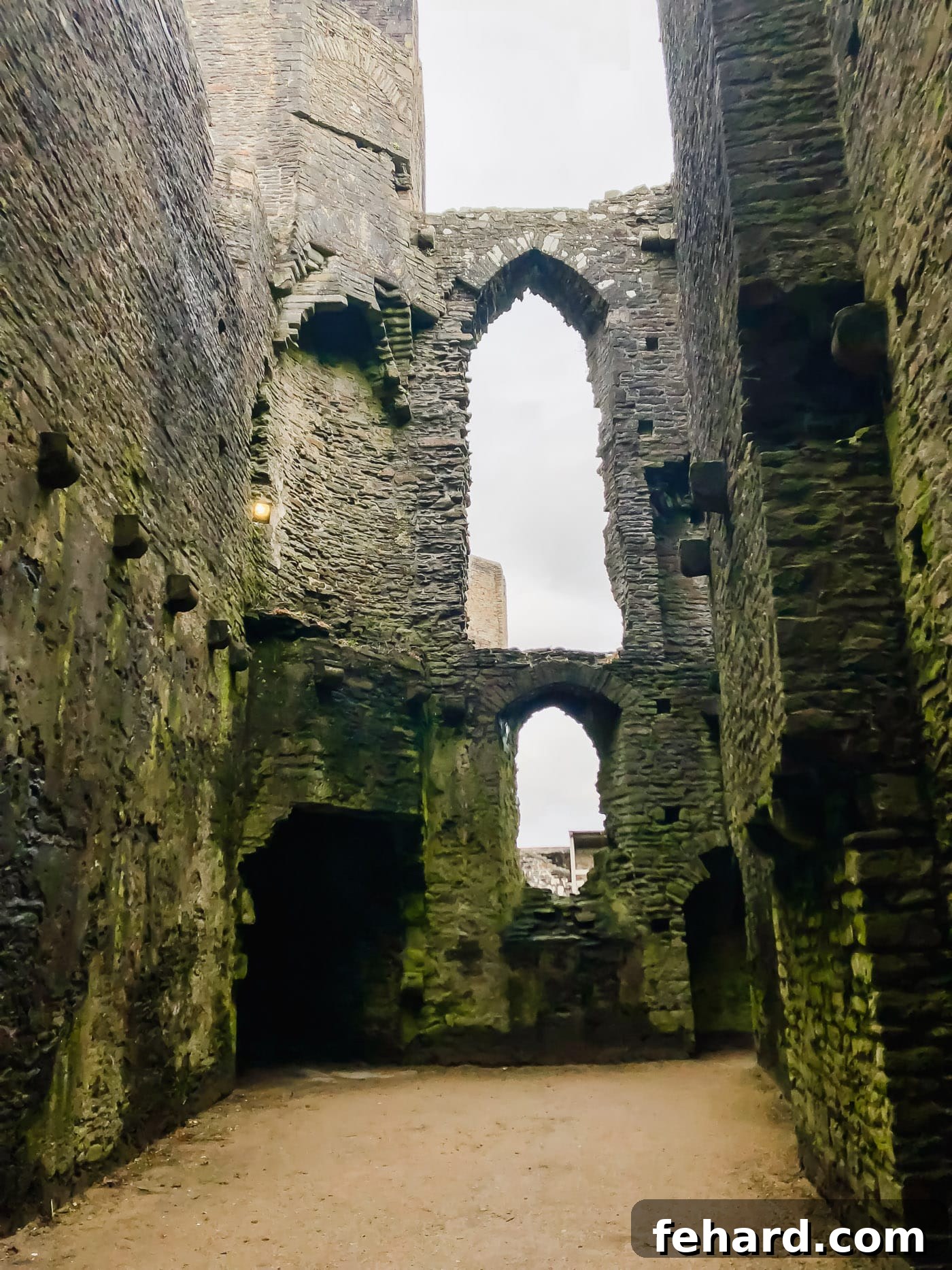 View of the internal ruins of Caerphilly Castle, revealing centuries of history