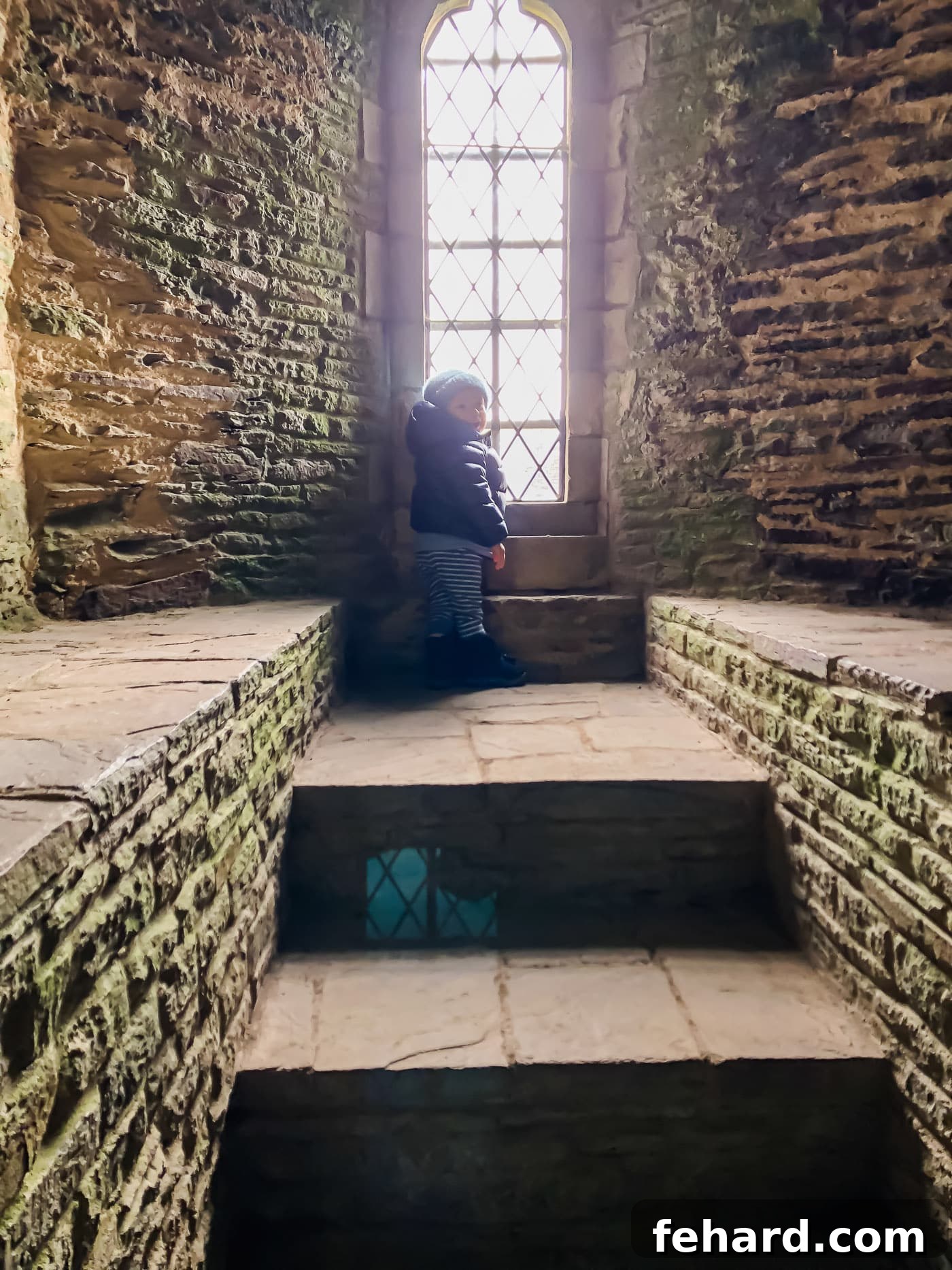 A detailed view of an arched window inside Caerphilly Castle, looking out onto the landscape