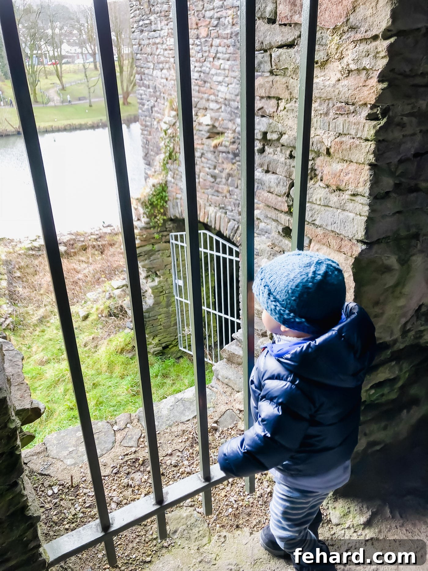 A view inside Caerphilly Castle, showing its unique construction and historical atmosphere