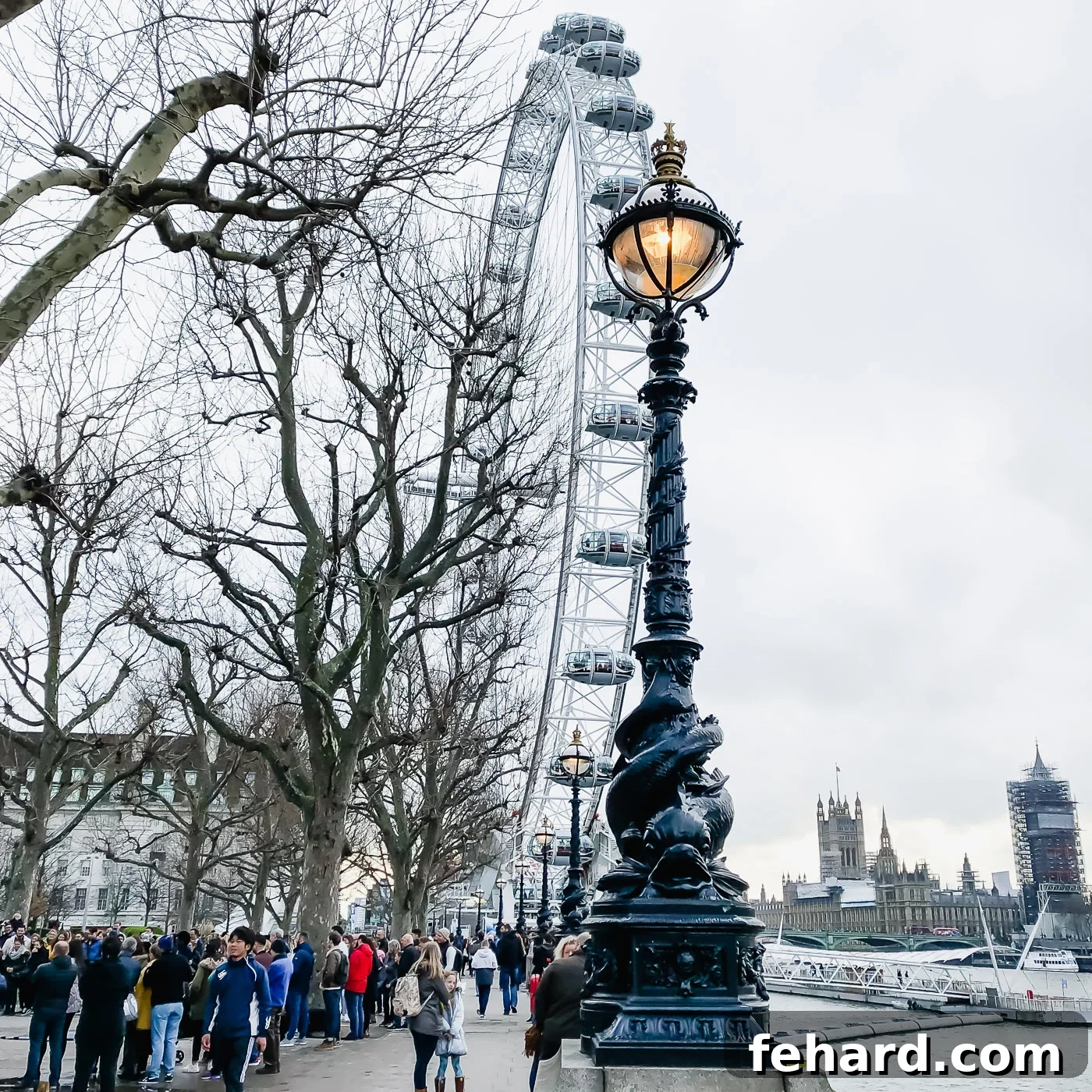 Close-up view of the London Eye's capsules, reflecting the vibrant city life