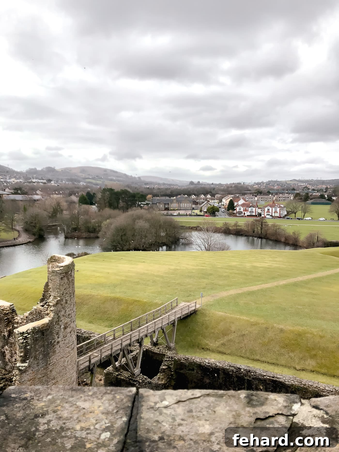 Scenic exterior view of Caerphilly Castle, highlighting its majestic presence