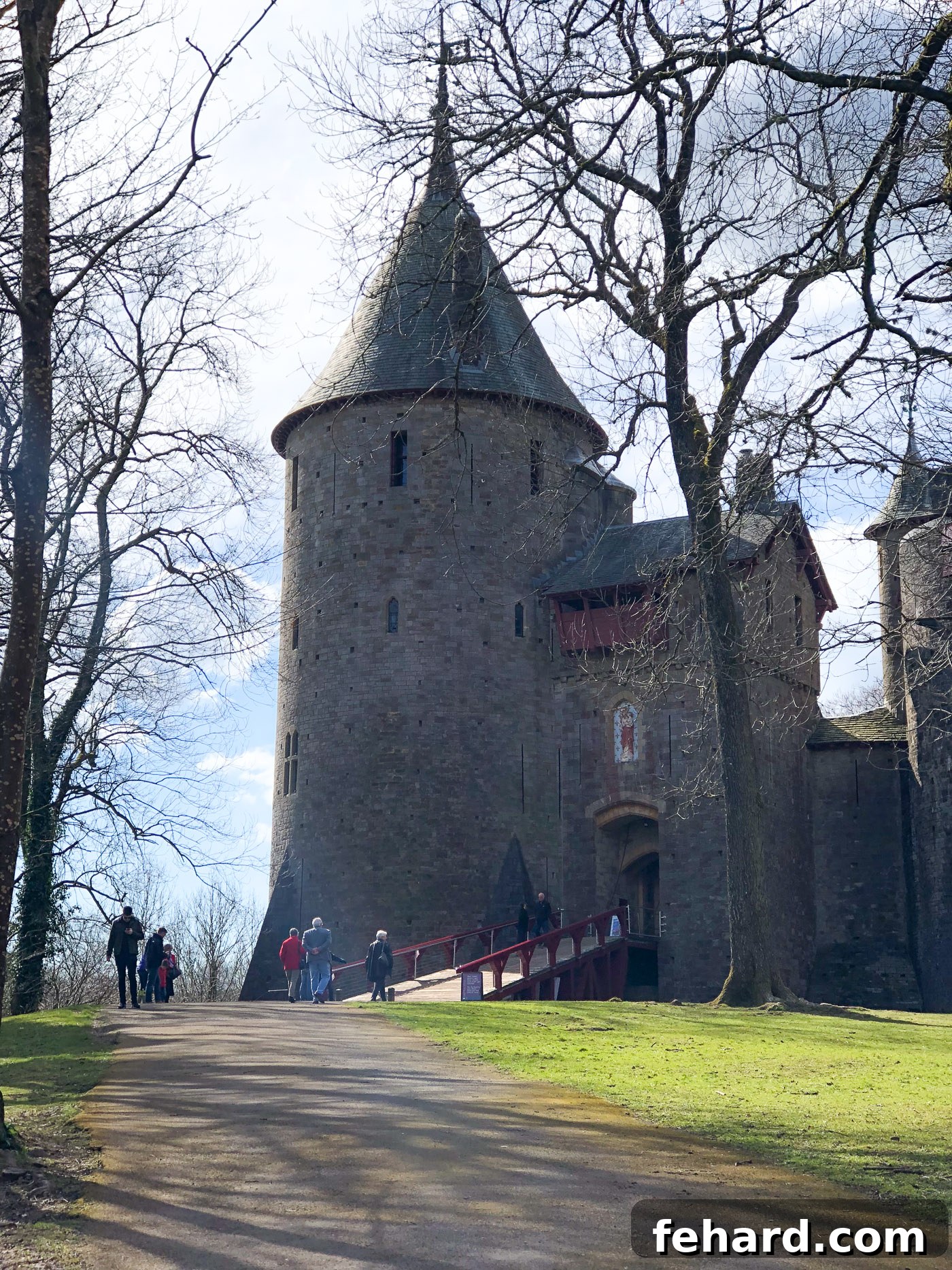 A close-up exterior view of Castell Coch, highlighting its intricate design and turrets