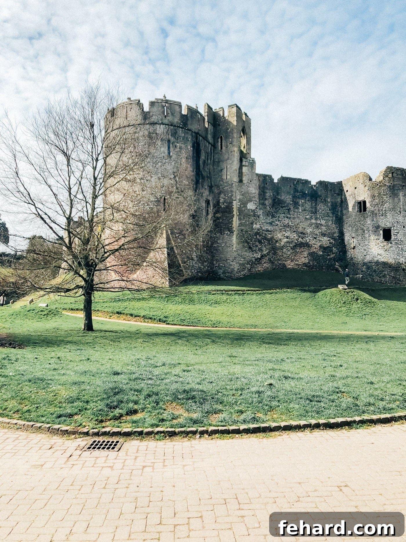 Grand exterior view of Chepstow Castle, a medieval fortress overlooking the river