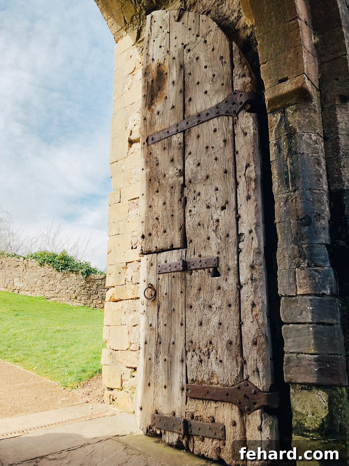 Close-up view of the oldest wooden door in England, located at Chepstow Castle, dating back 800 years