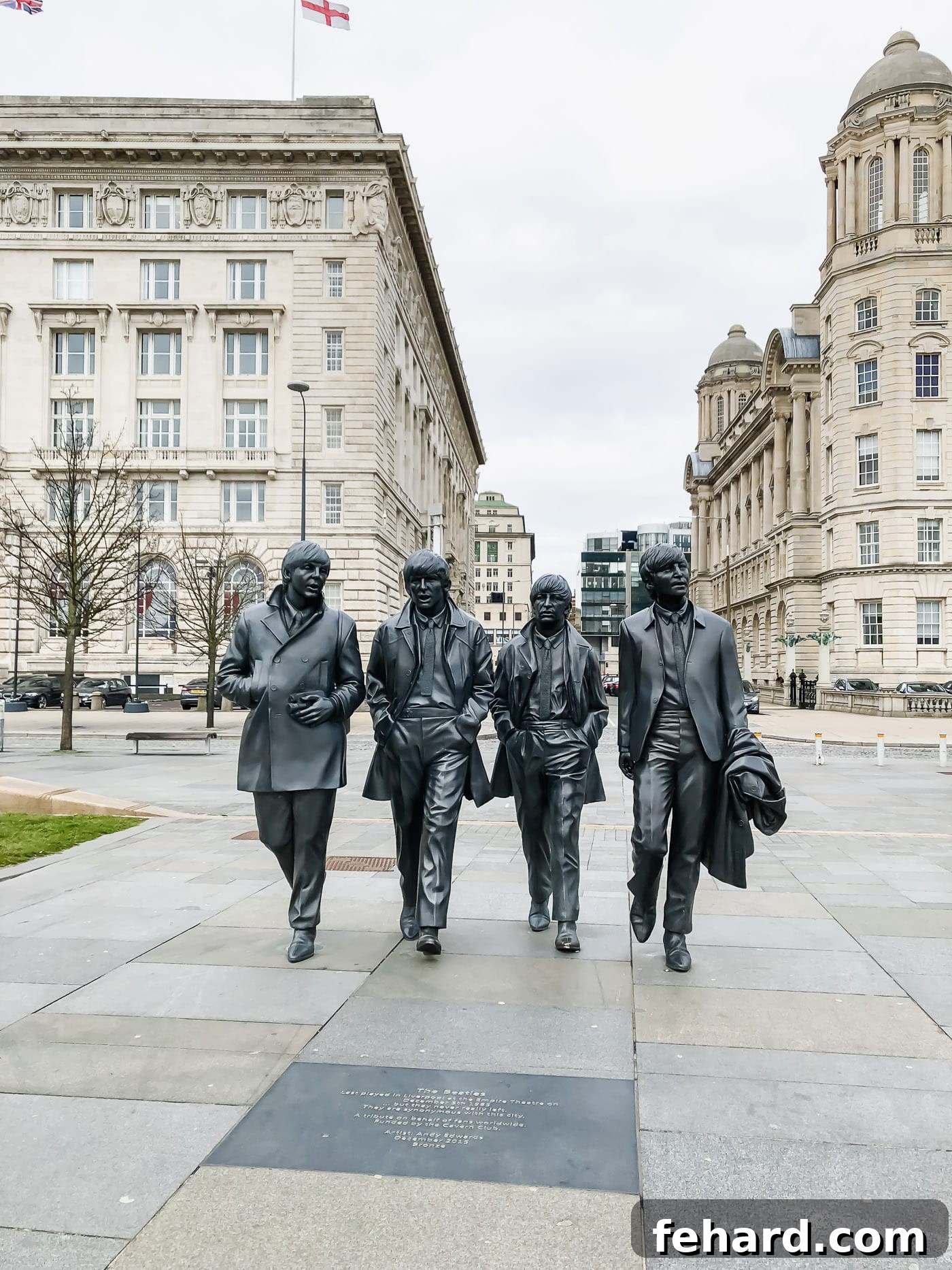 A striking statue of The Beatles in Liverpool, an iconic tribute to the legendary band
