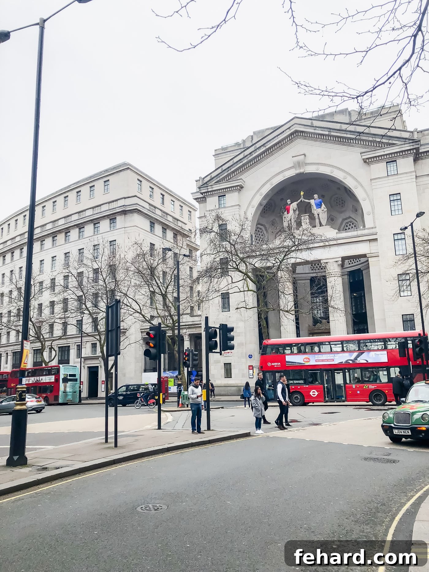A vibrant view of a busy street in London, showcasing urban energy and architectural blend