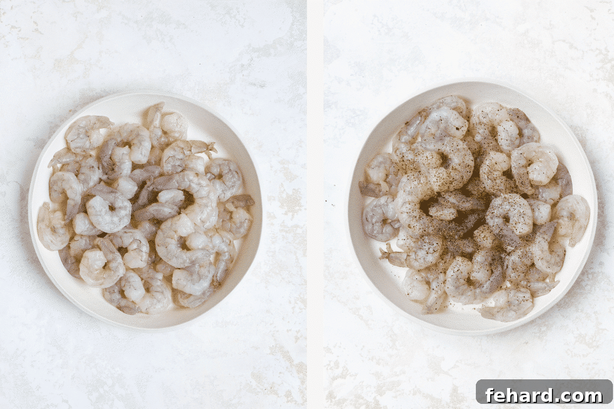 Zesty Chimichurri Prawns 4 Left image shows uncooked, raw shrimp on a plate. Right image shows the same shrimp seasoned liberally with salt and pepper, ready for cooking.