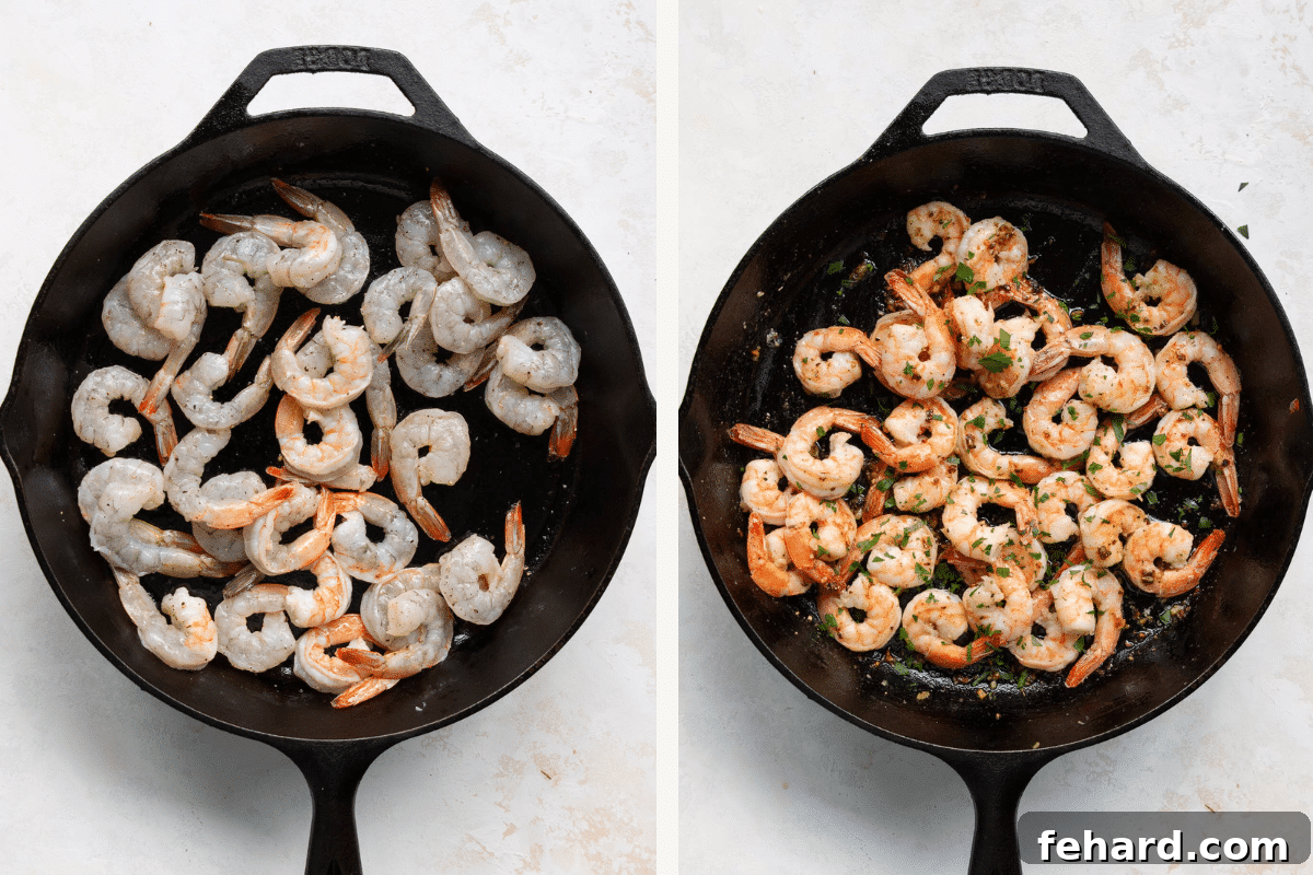 Zesty Chimichurri Prawns 5 Left image shows raw shrimp cooking in a hot skillet with garlic. Right image displays the same shrimp, now perfectly cooked to a pink, opaque finish in the skillet.