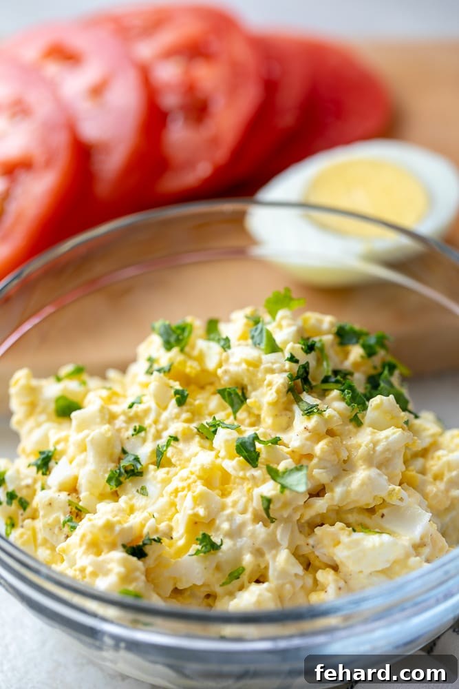 Zesty Egg Salad Recipe A bowl of creamy, zesty egg salad made with horseradish and Dijon, garnished with fresh parsley.