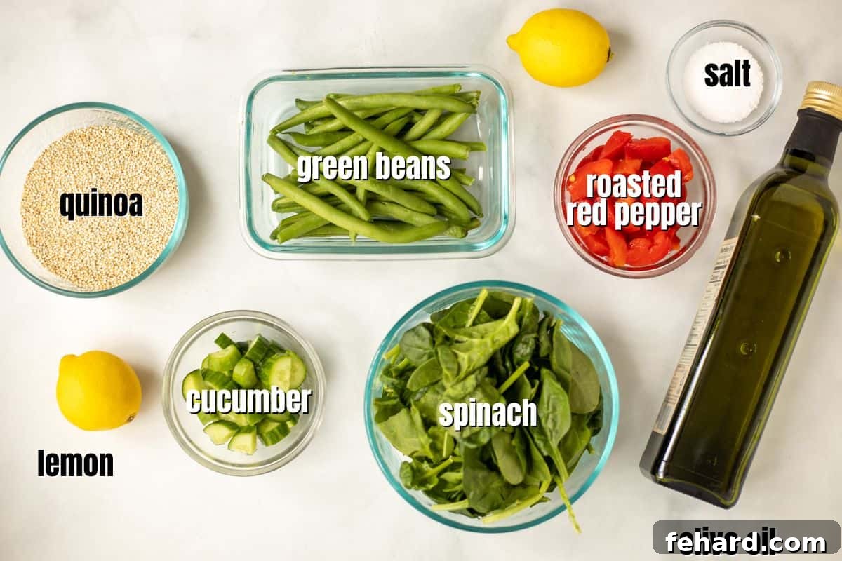 Neatly arranged ingredients for Spinach Quinoa Salad on a clean kitchen counter, showcasing fresh produce and staple pantry items ready for preparation.