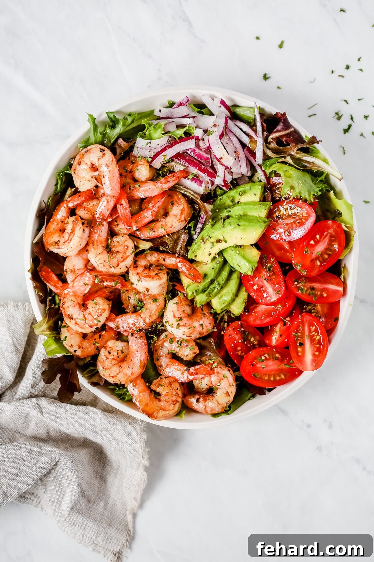 Overhead photo of a bowl of shrimp tomato salad with lemon slices and fresh parsley