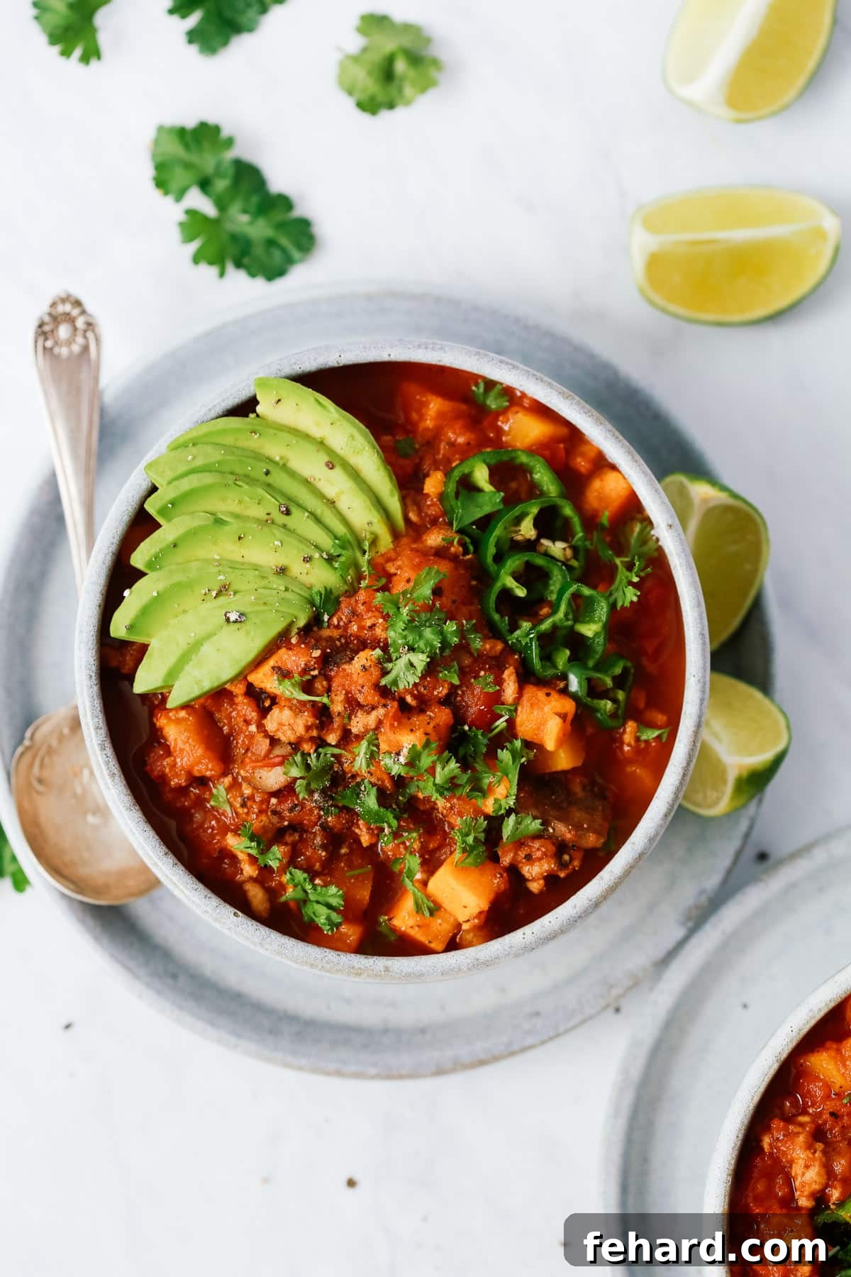 overhead view of a bowl containing sweet potato chili