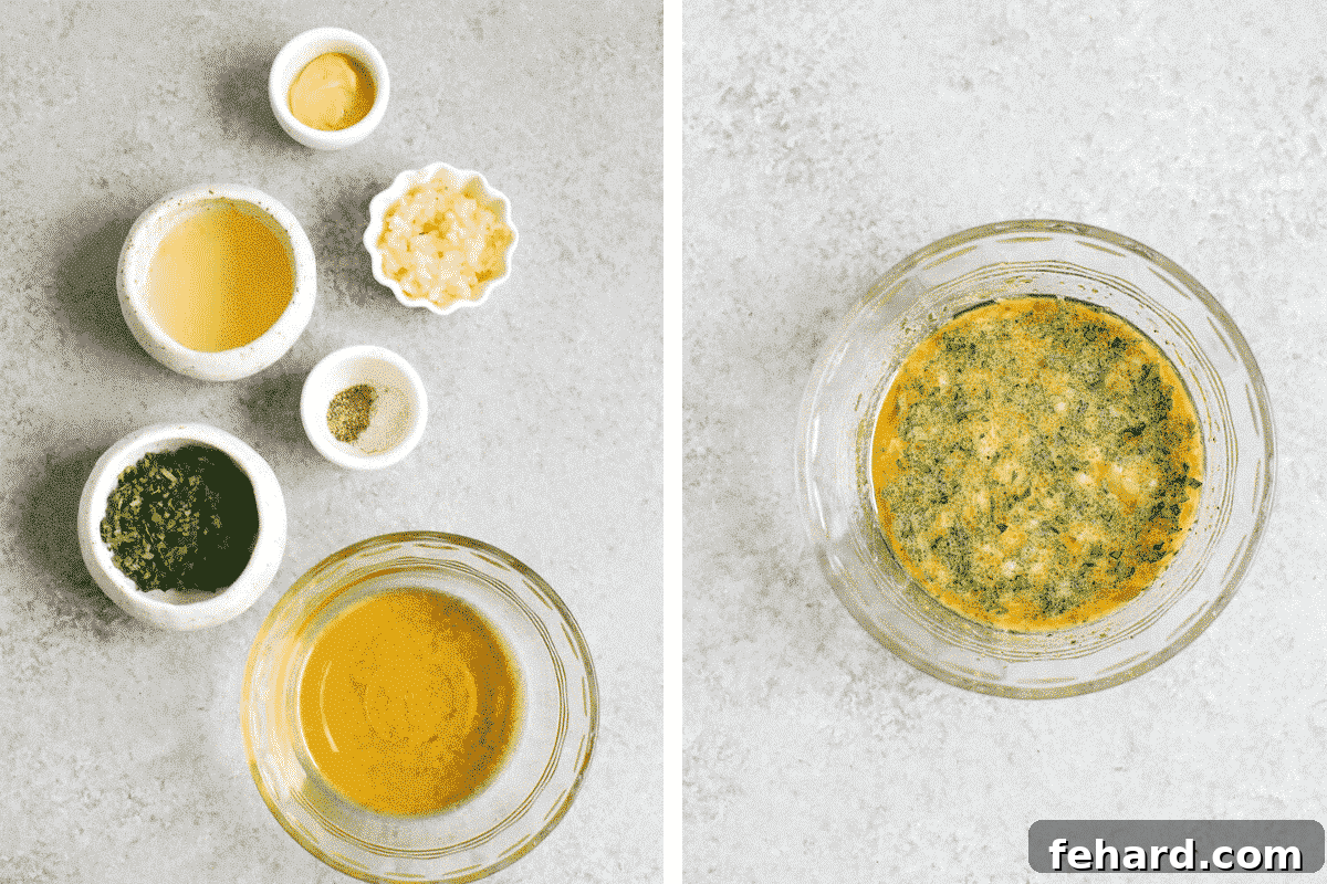 Side-by-side photos showing ingredients for Dijon mustard sauce and then the blended sauce in a bowl.