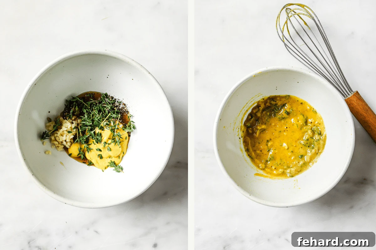 Maple Mustard Glazed Salmon 4 Left: individual glaze ingredients in small bowls. Right: glaze ingredients mixed together in a bowl.