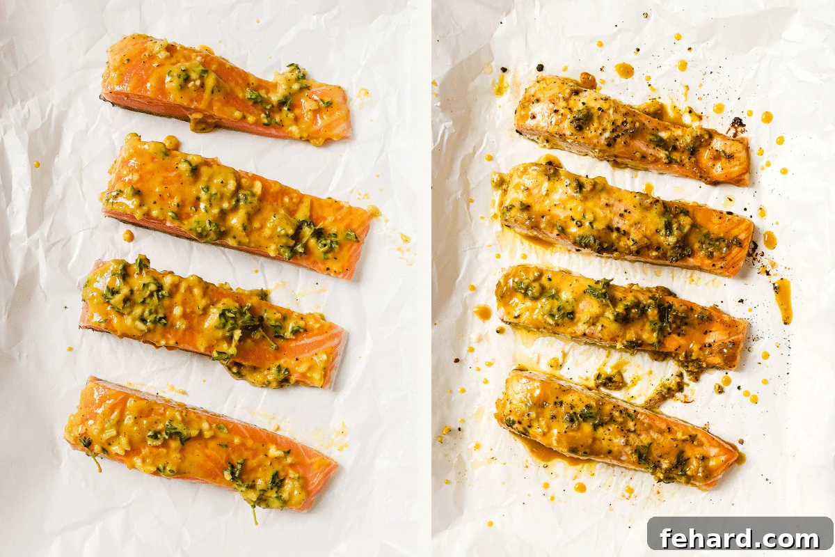 Maple Mustard Glazed Salmon 5 Left: raw salmon fillets brushed with the maple mustard glaze on parchment paper. Right: baked maple mustard salmon on parchment paper, fresh out of the oven.