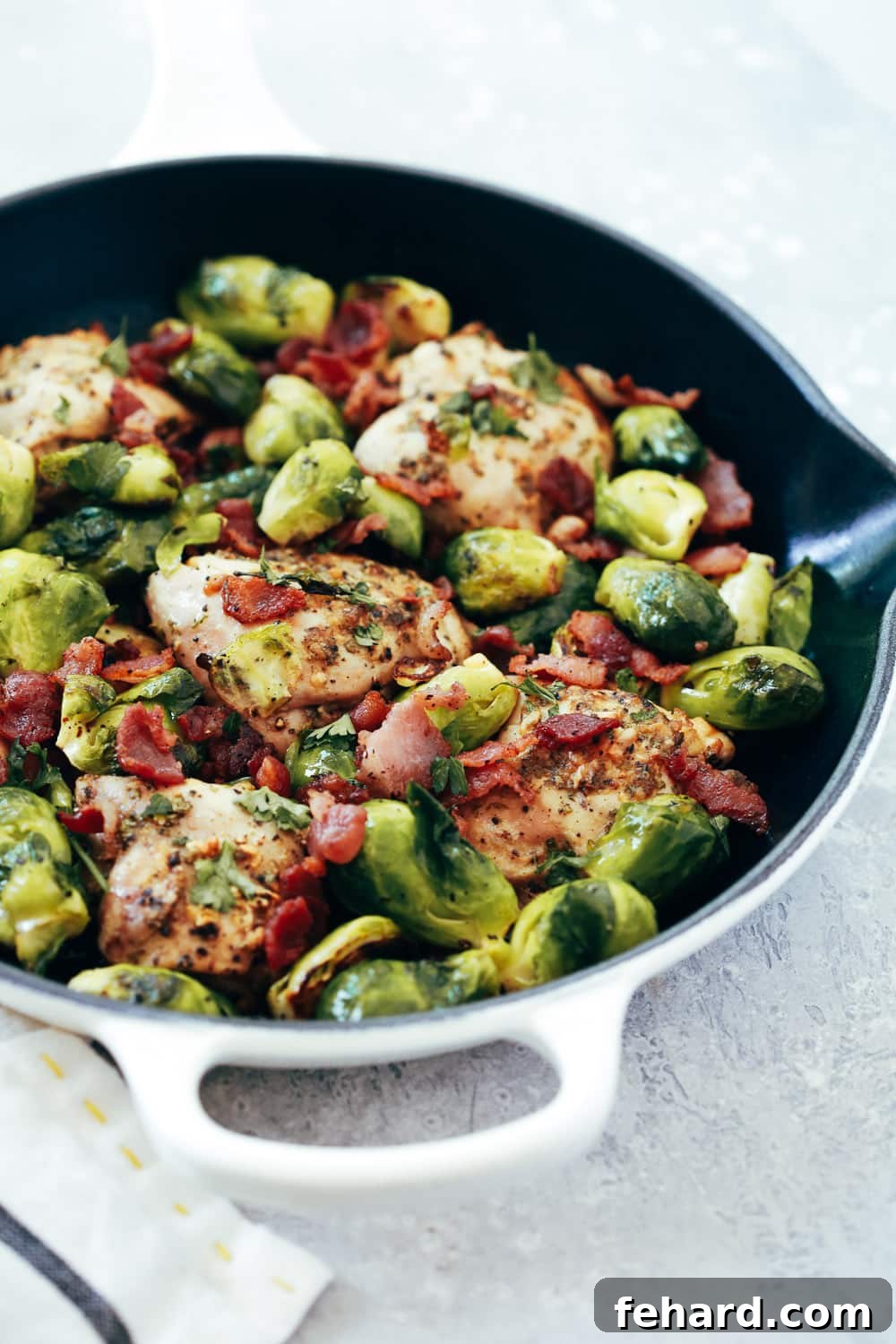 Effortless Chicken and Brussels Bake 4 Easy Baked Chicken with Brussels Sprouts close-up, showcasing crispy bacon