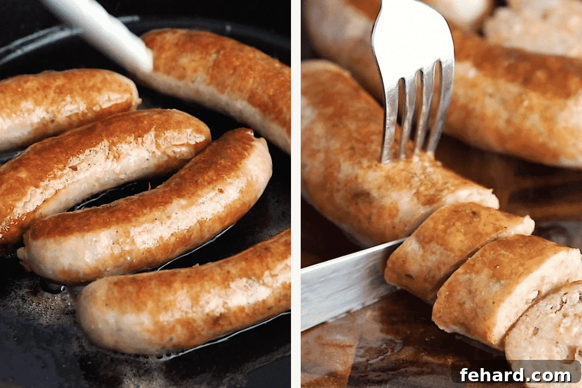Close up view of Italian sausage browning in a cast iron skillet.