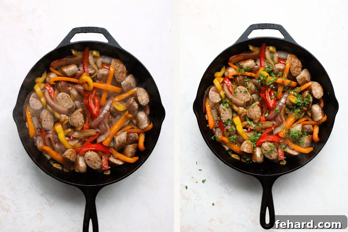 Bell pepper and sausage simmering in a cast iron skillet, nearly complete.