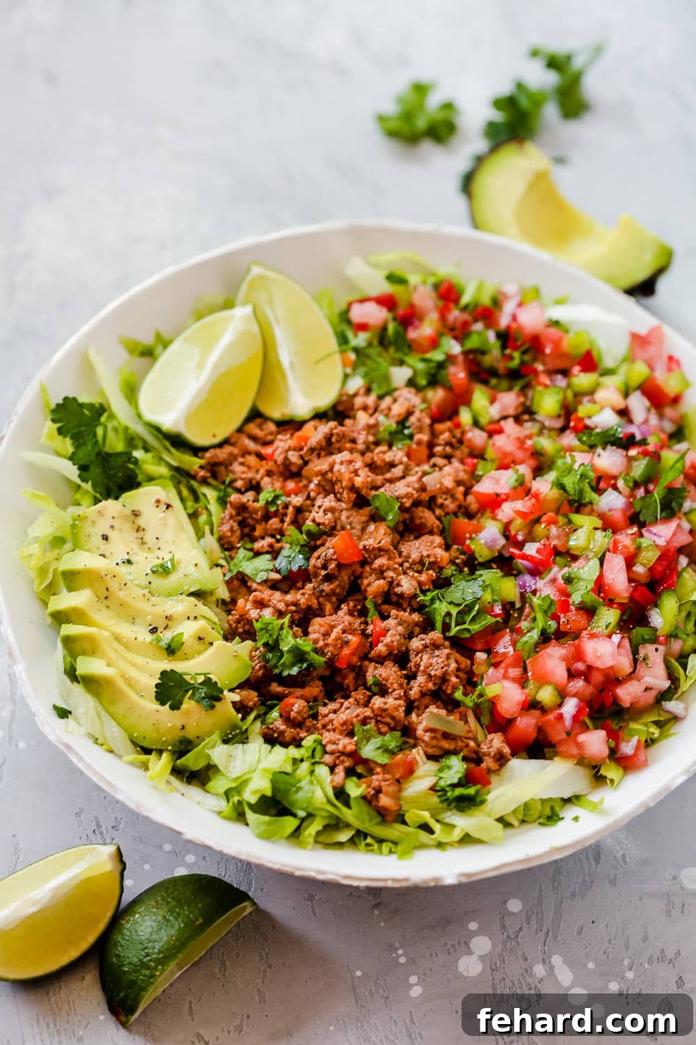 Southwest Fiesta Bowl 3 close-up of the Ground Beef Taco Salad with avocado slices