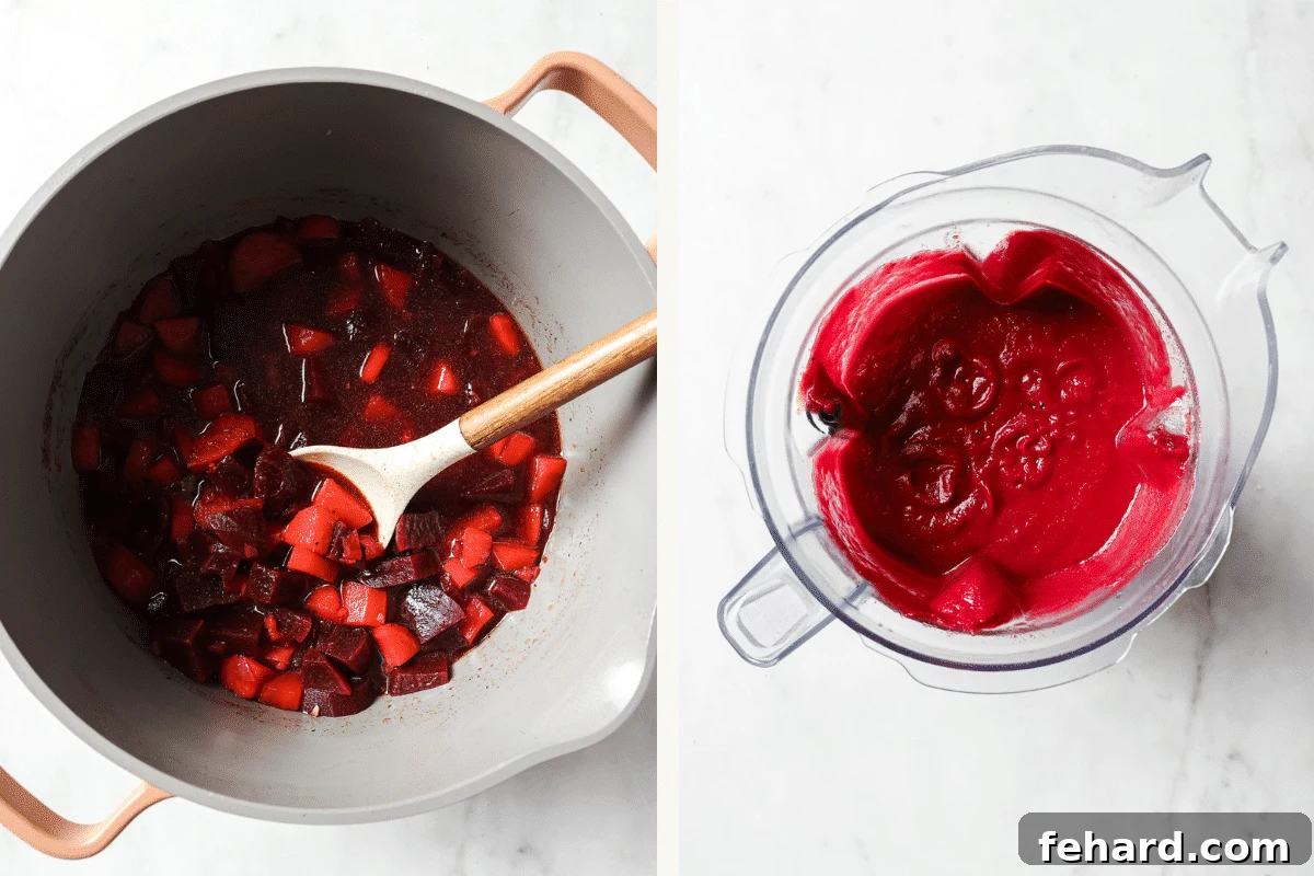 Vibrant Beetroot Soup 5 Left: cooked soup in a pot. Right: puréed soup in a blender.
