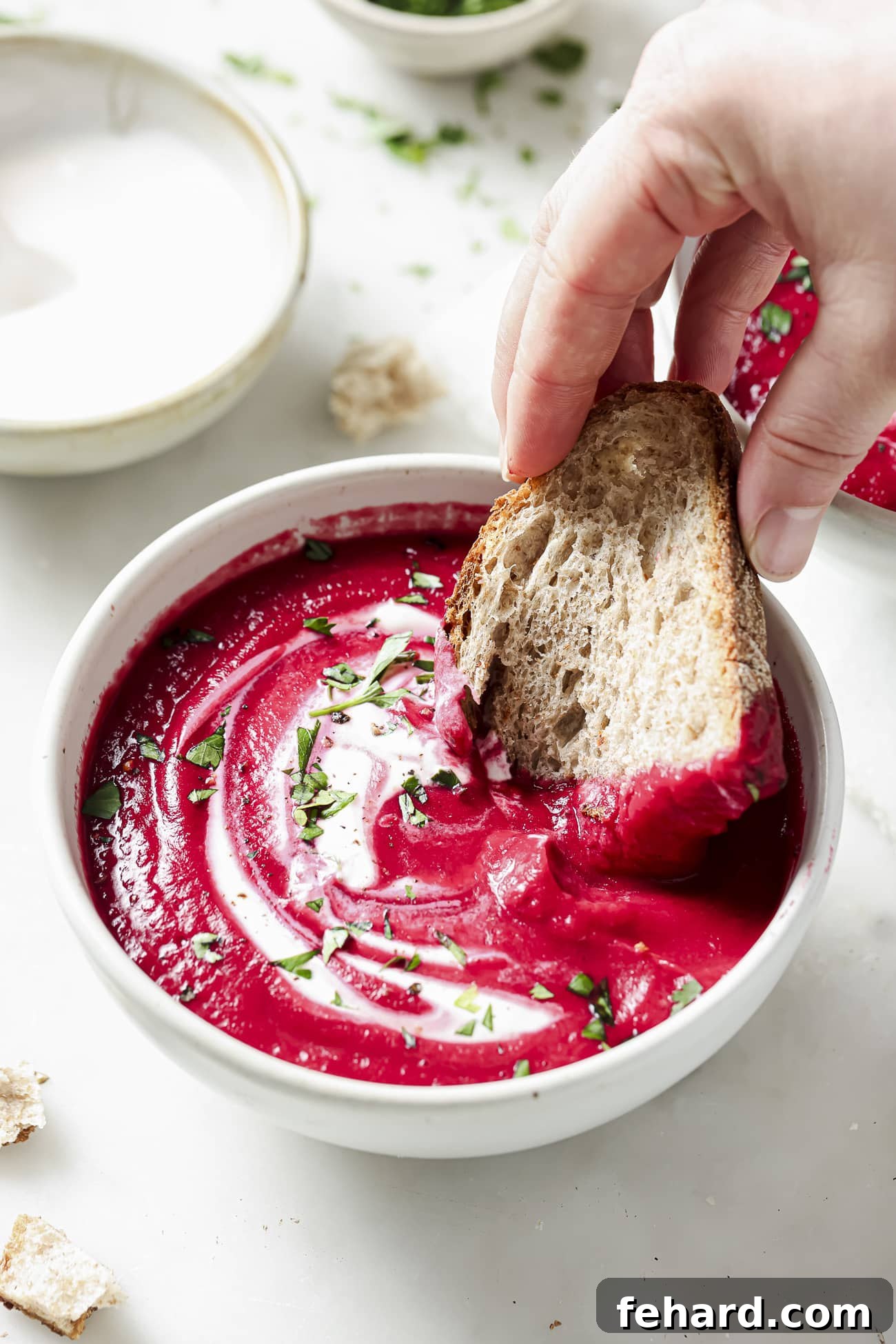 Vibrant Beetroot Soup 8 Beet soup in a white bowl with garnish and a slice of bread.