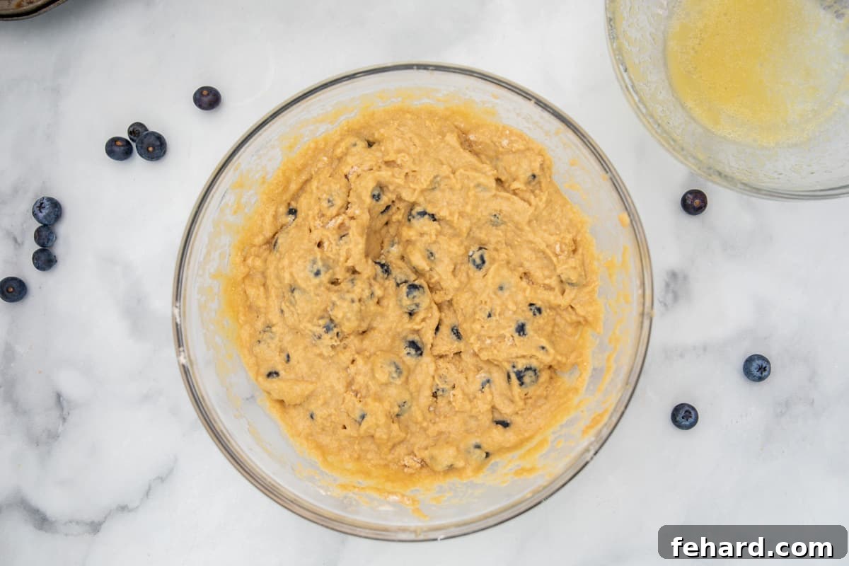 Healthy Blueberry Muffin Recipe Blueberry Muffin batter, perfectly mixed with blueberries distributed, in a clear mixing bowl.