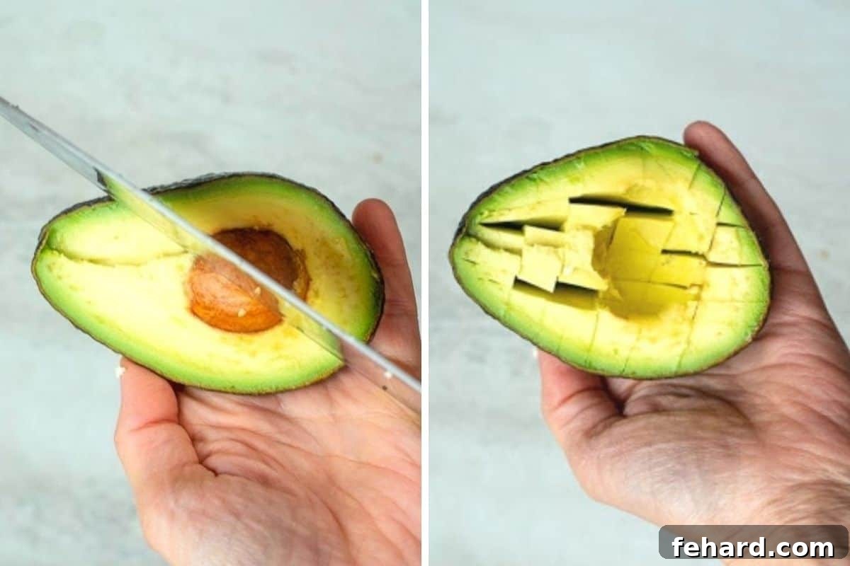Guacamole with Tomatoes Side by side photo showing how to remove an avocado pit with a knife and how to cube avocado while still in its skin.