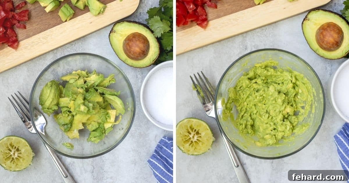 Homemade Guacamole with Tomatoes Side-by-side pictures of mashed avocado in a mixing bowl, first with ingredients, then fully mashed.